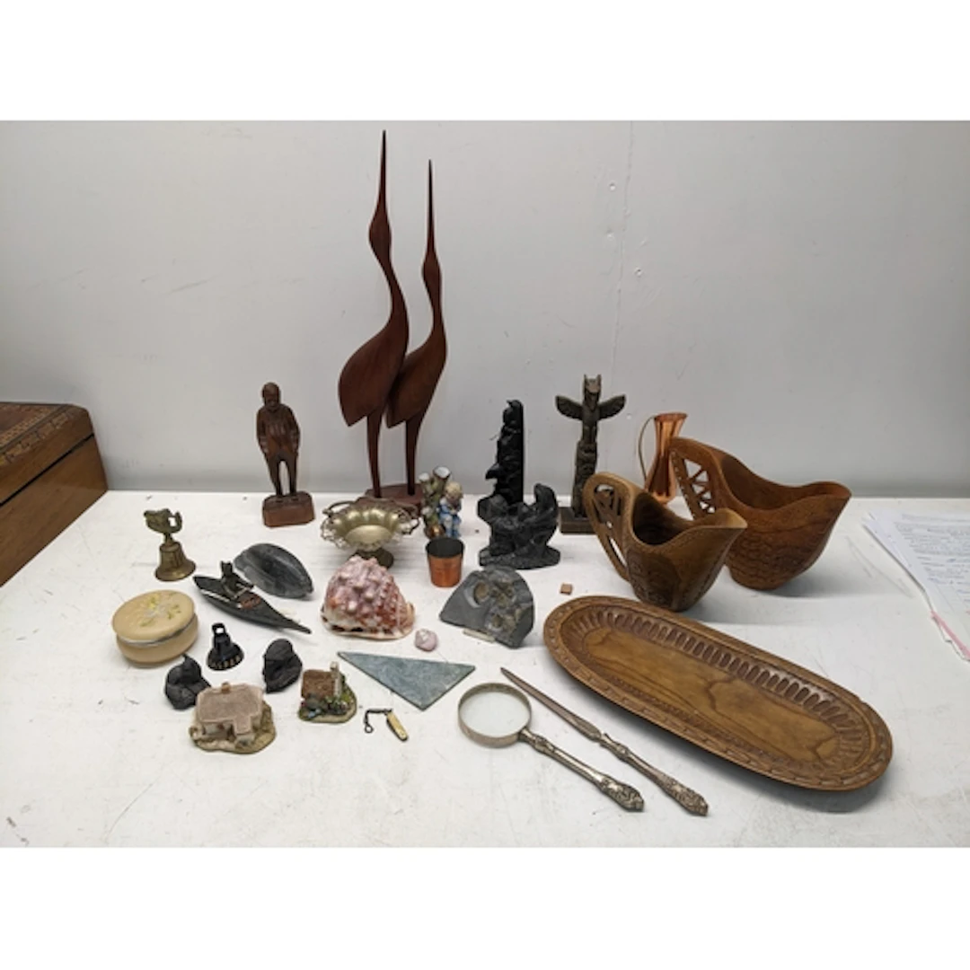 A Mixed group of ornaments to include a Scandinavian carved ...