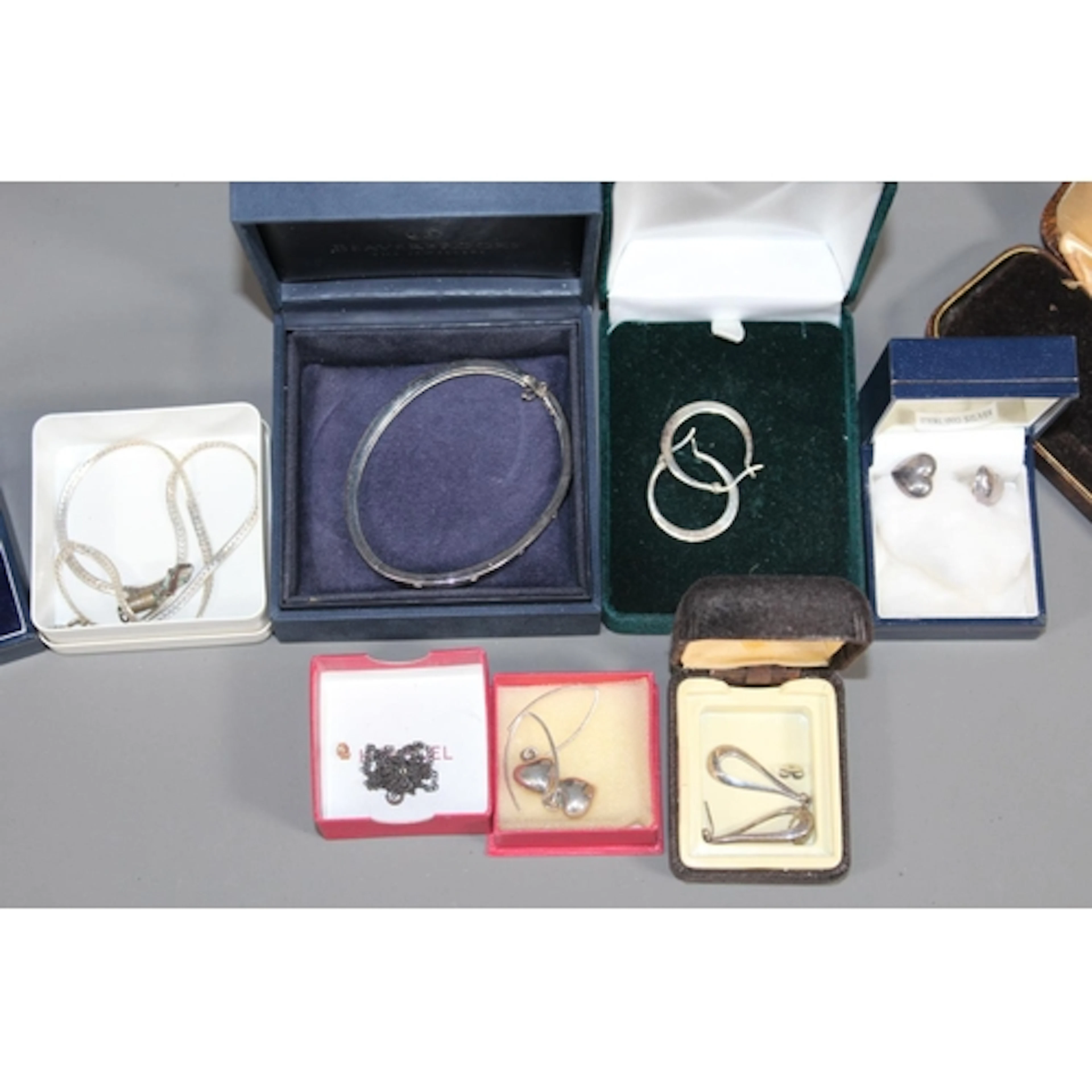 Beaverbrooks silver bangle in original box, a pair of silver...
