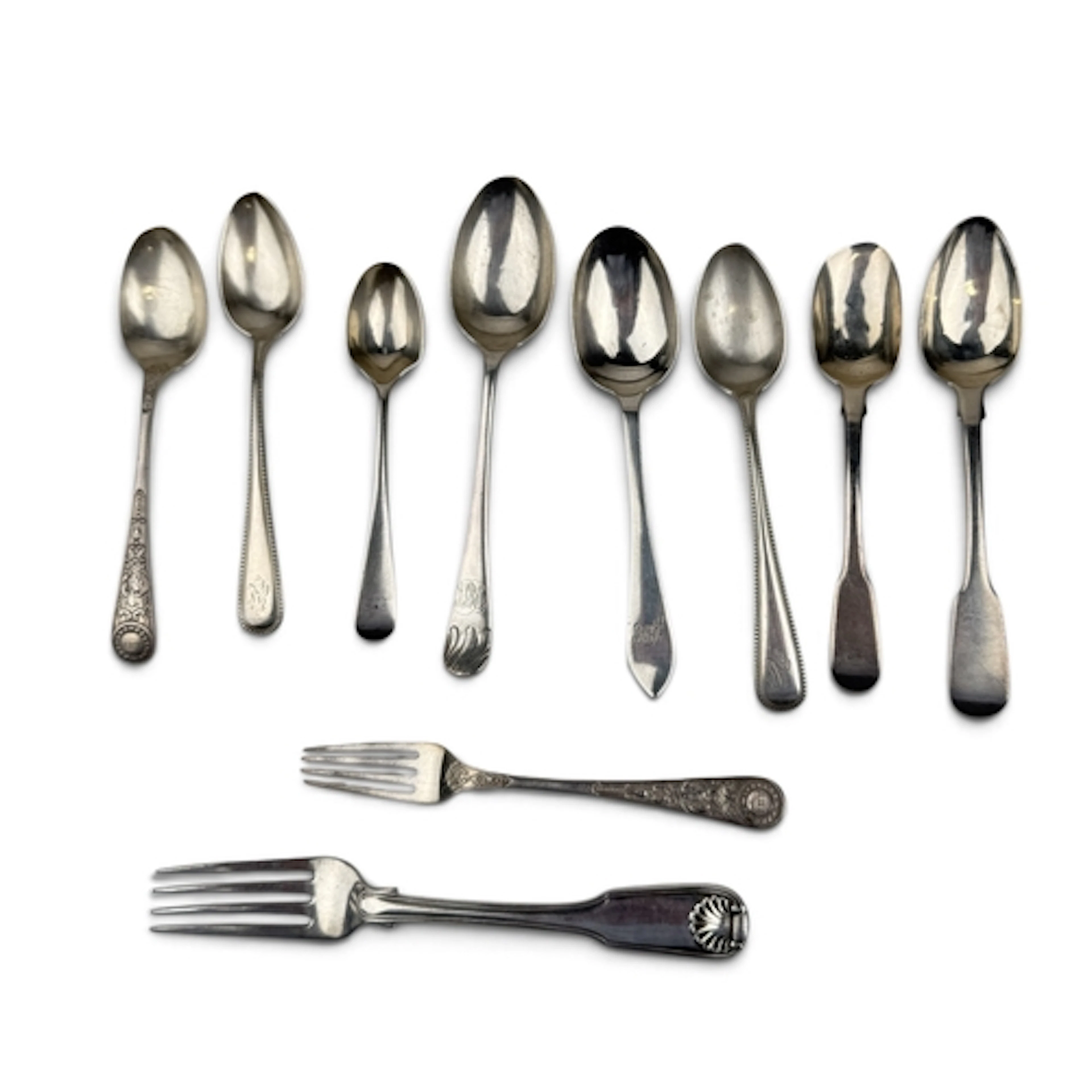 SILVER TEASPOONS AND FORKS, MOSTLY STERLING WITH A COUPLE OF...