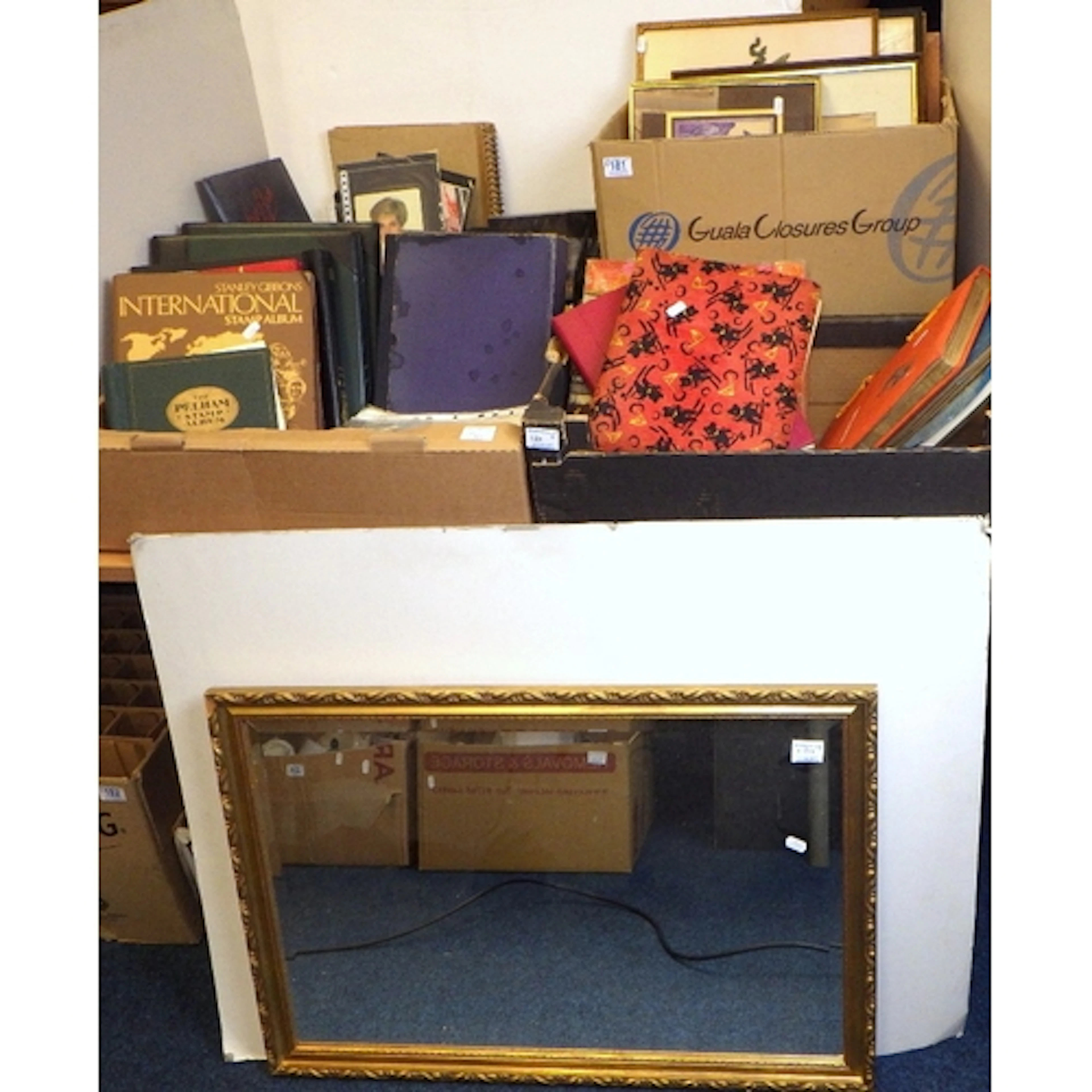 A large qty of misc ephemera, stamps, prints, mirror etc (5)