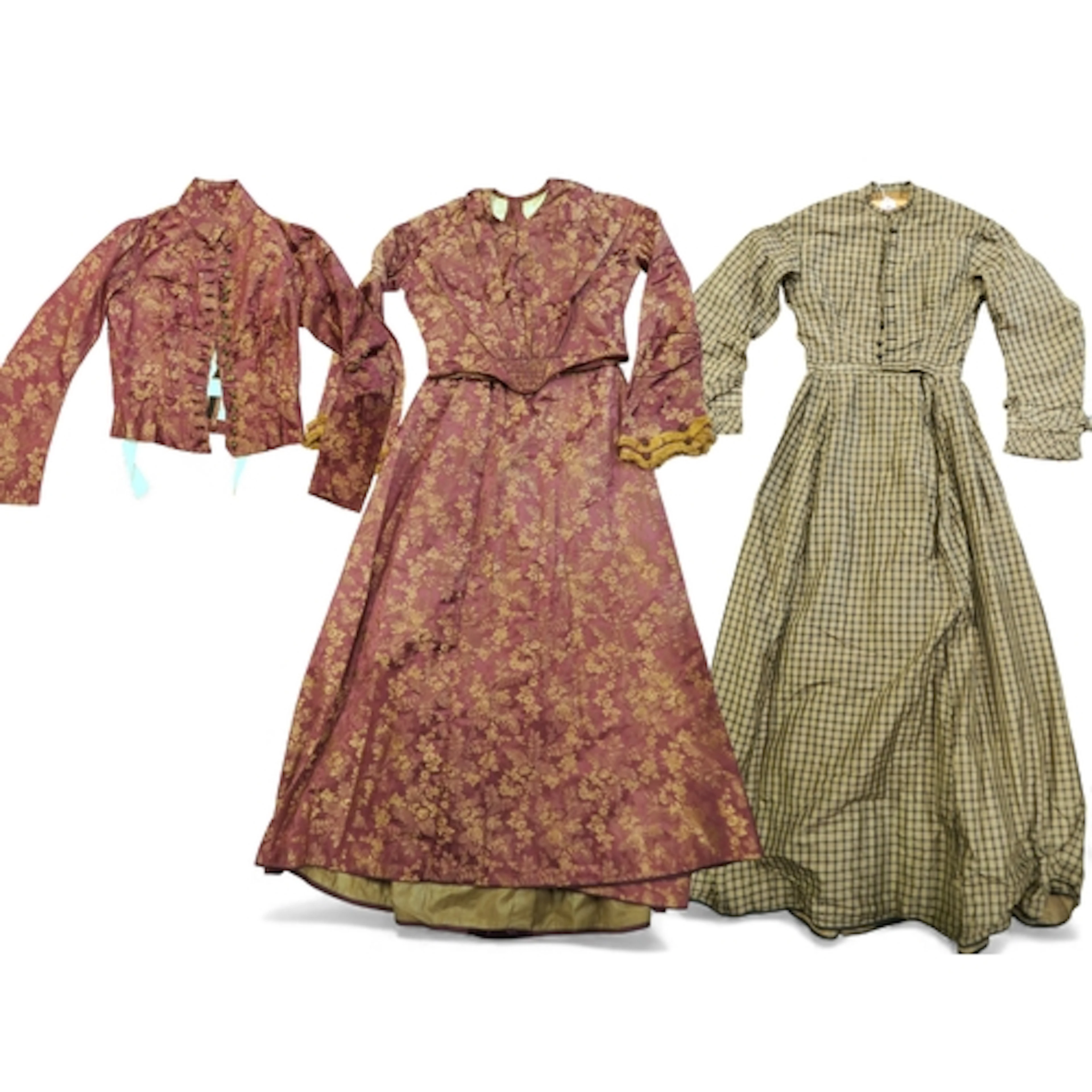 A Victorian burgundy silk brocade dress comprising skirt, bo...