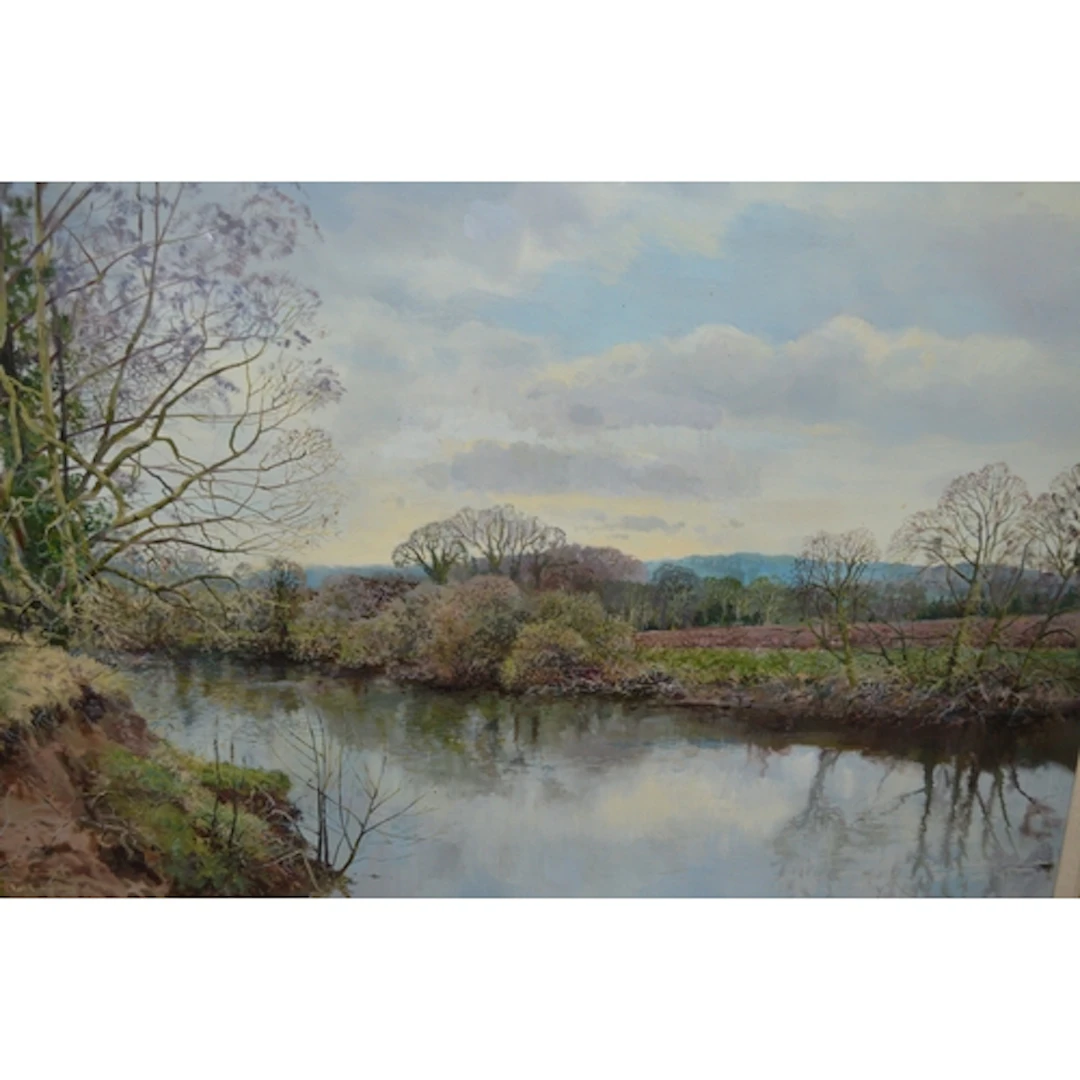 Ron Humphries, oil on canvas, winter river landscape, signed...