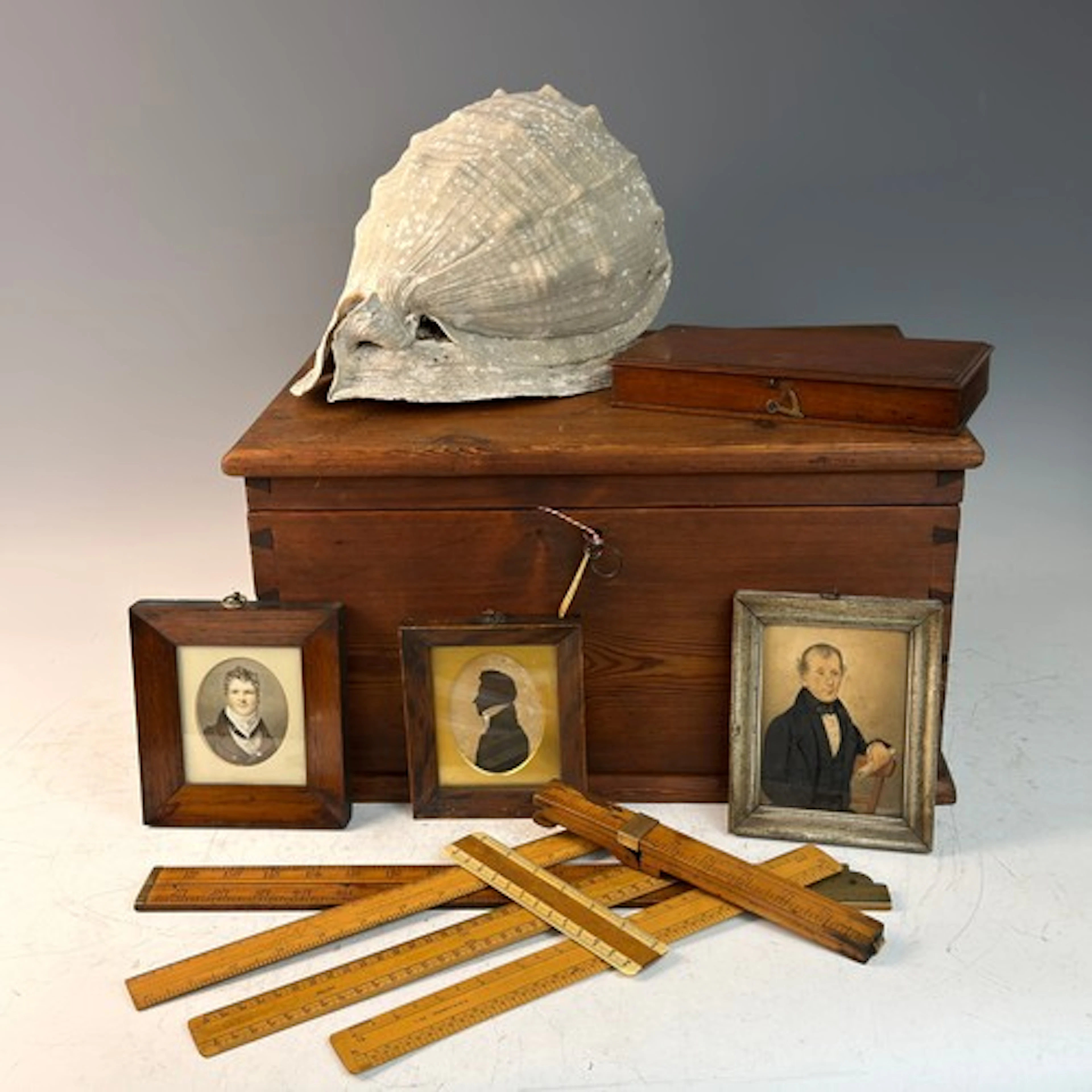 A vintage stained pine box, with hinged lid, W:47cm x D:33cm...