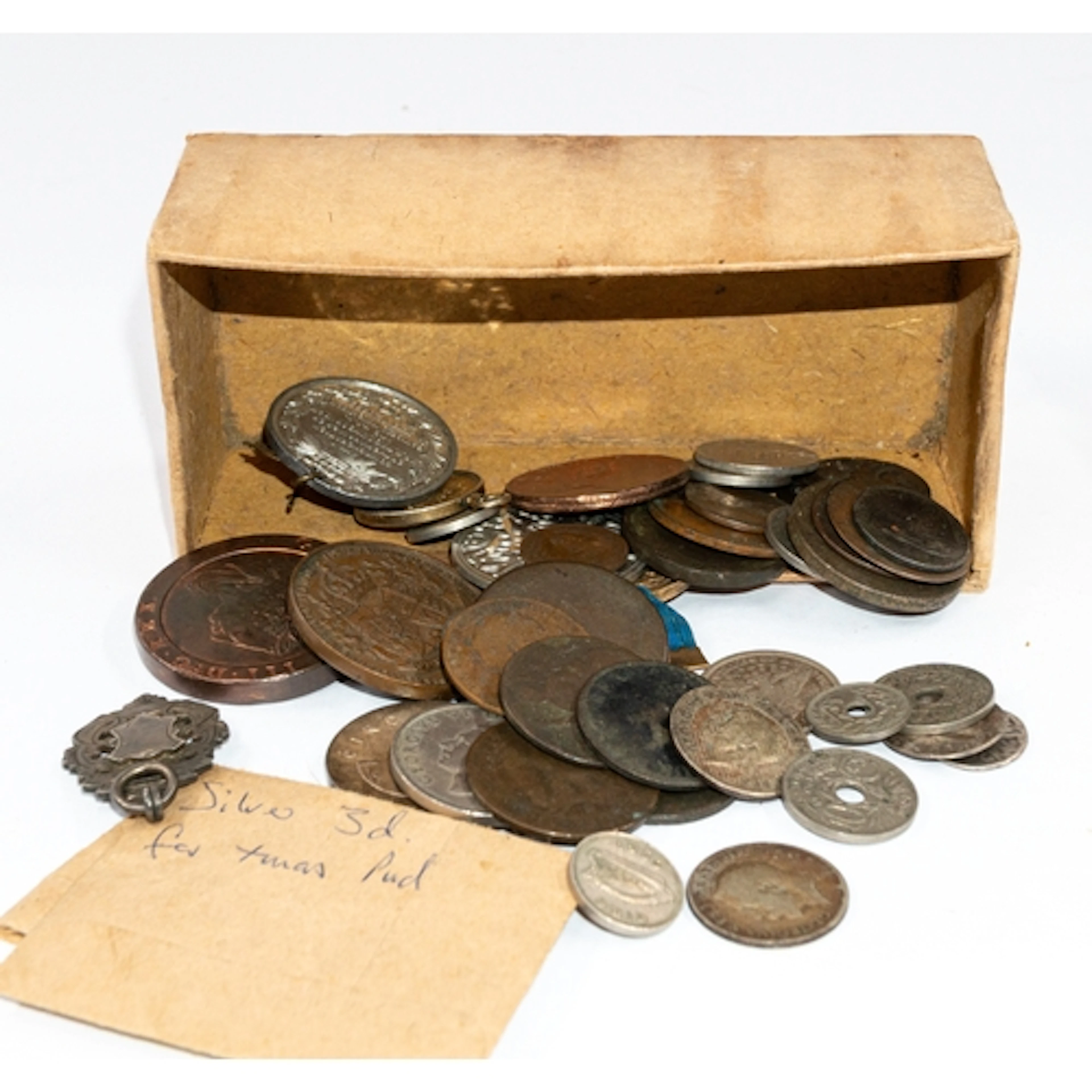 Coins: a 1797 cartwheel penny, a silver watch fob, coronatio...