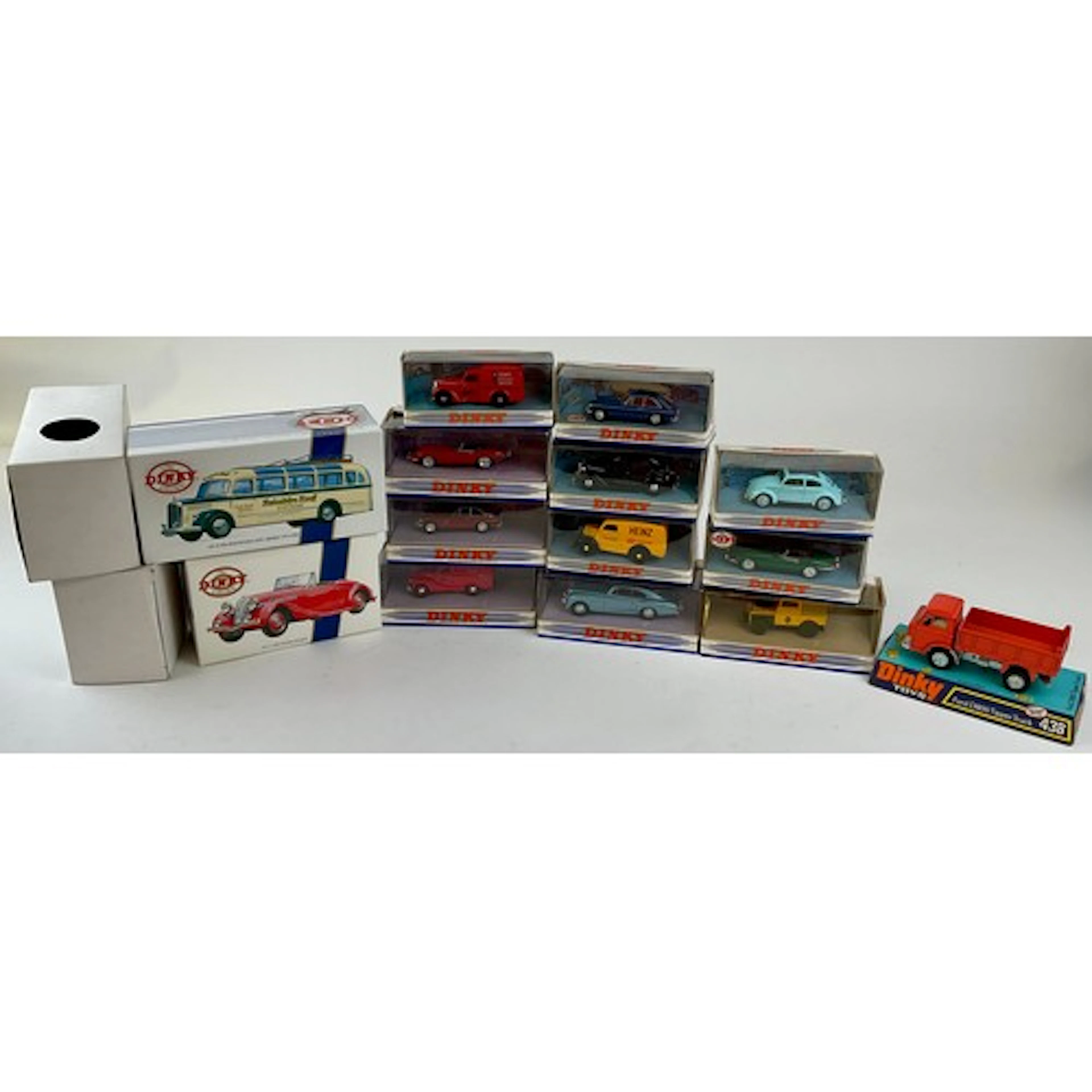 Dinky Toys - 438 Ford D800 Tipper Truck, red, boxed; others...
