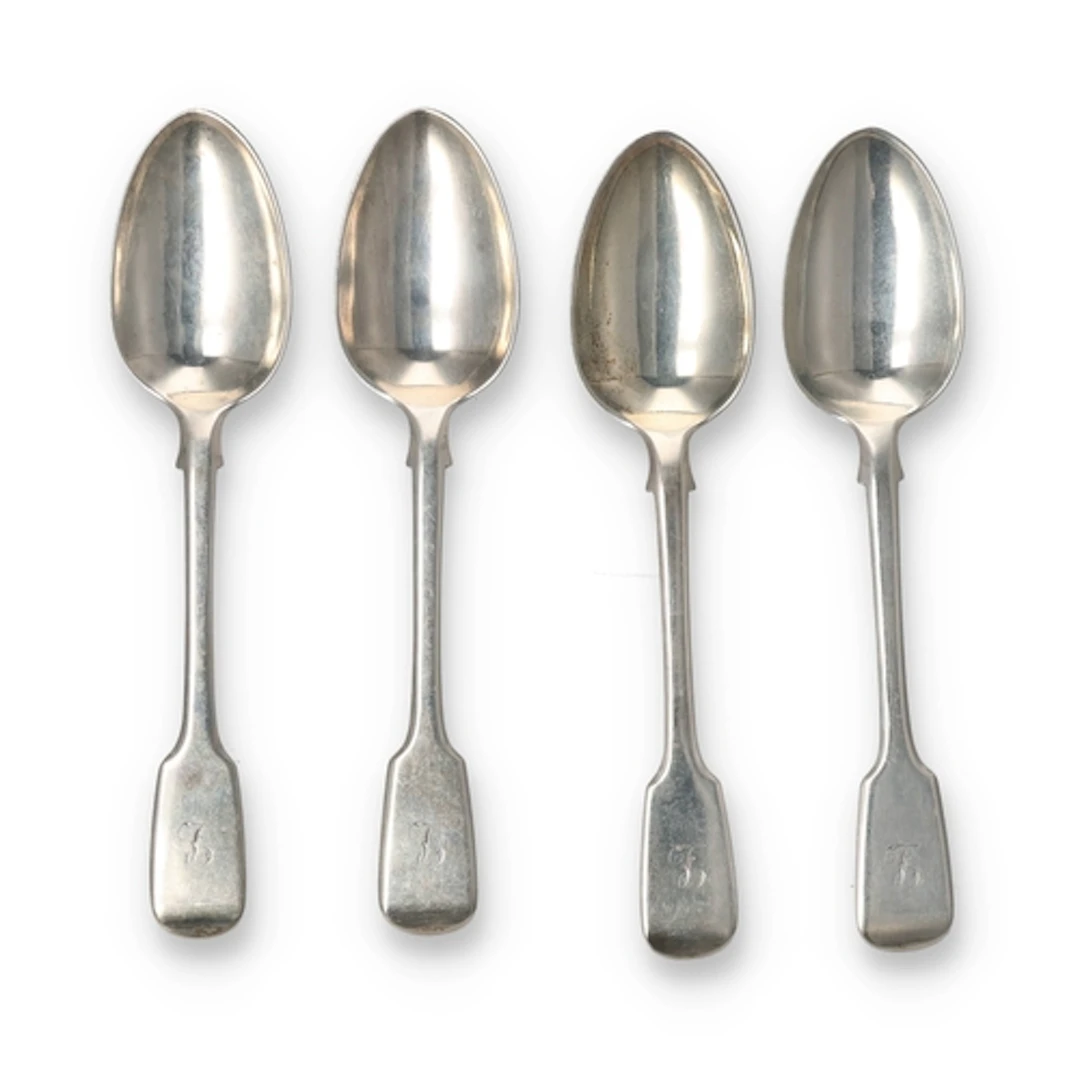 A SET OF FOUR VICTORIAN SILVER FIDDLE PATTERN DESSERT SPOONS...