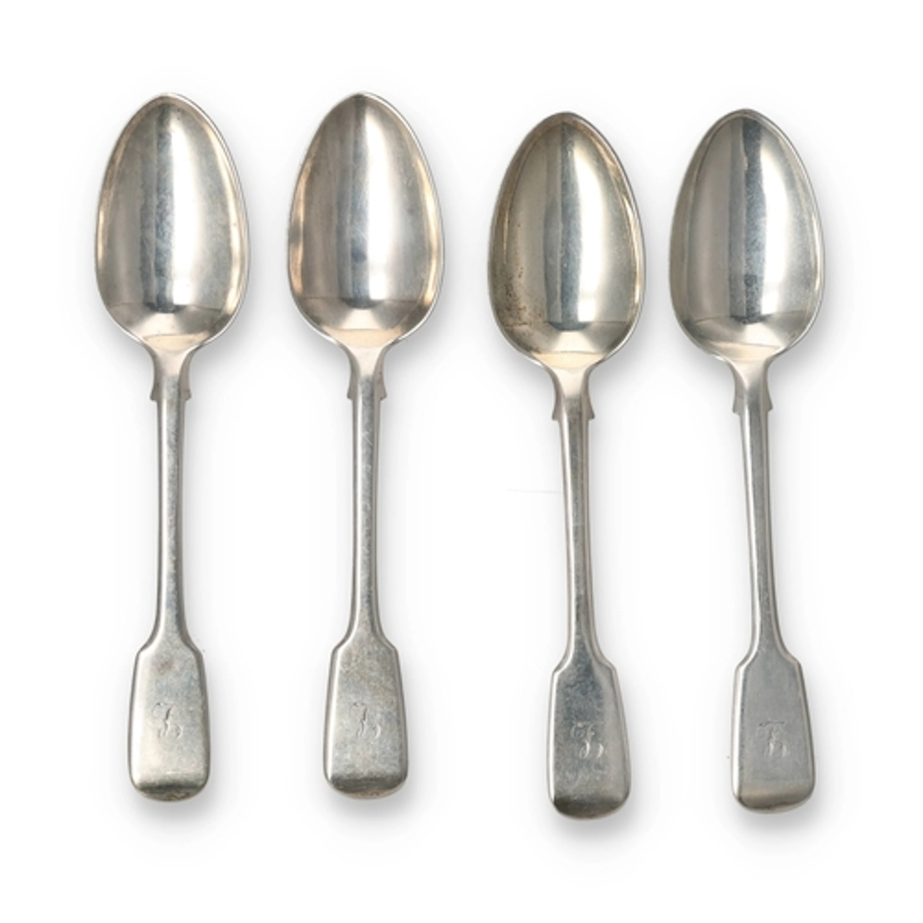A SET OF FOUR VICTORIAN SILVER FIDDLE PATTERN DESSERT SPOONS...