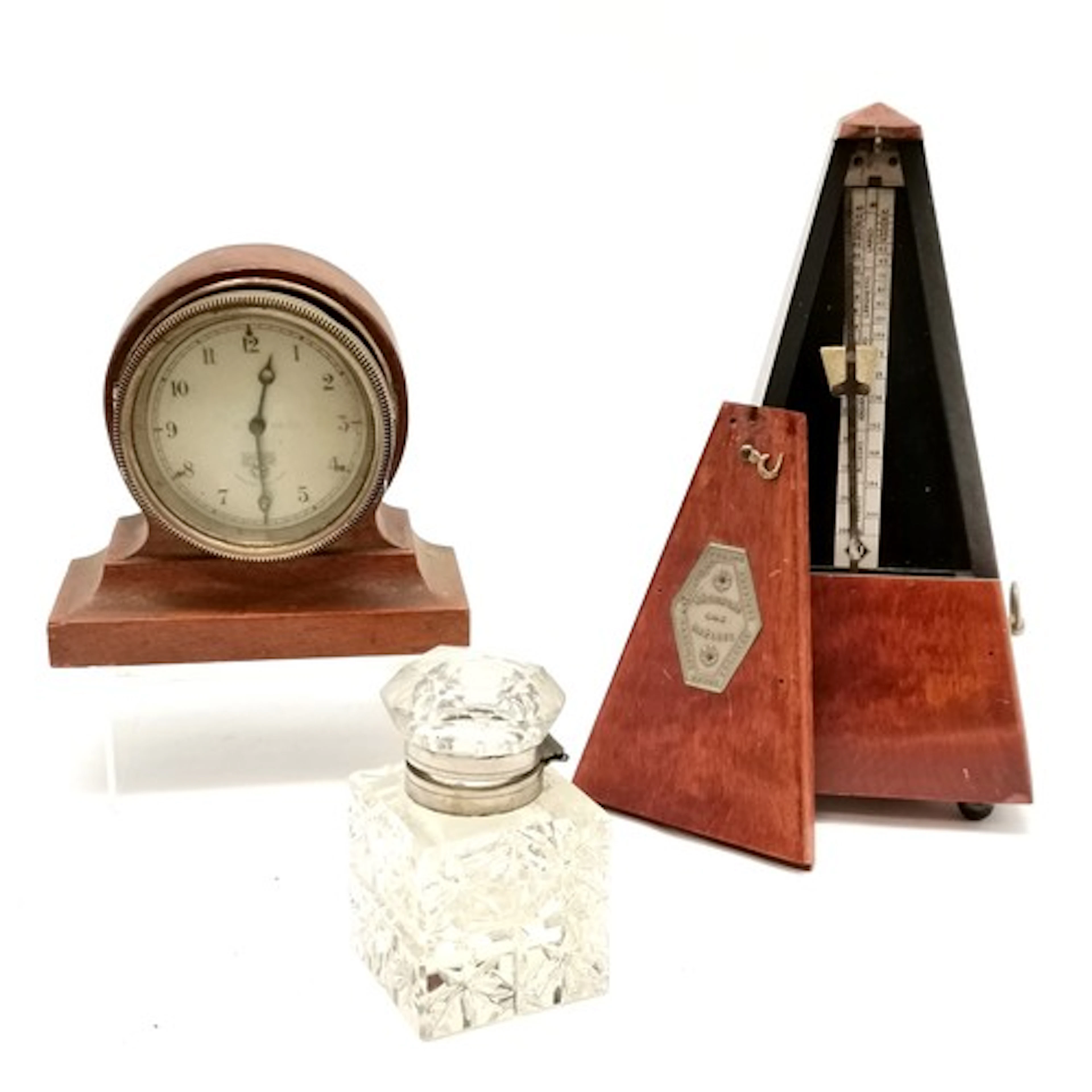 Vintage Maelzel metronome, Smiths car clock in a wooden case...