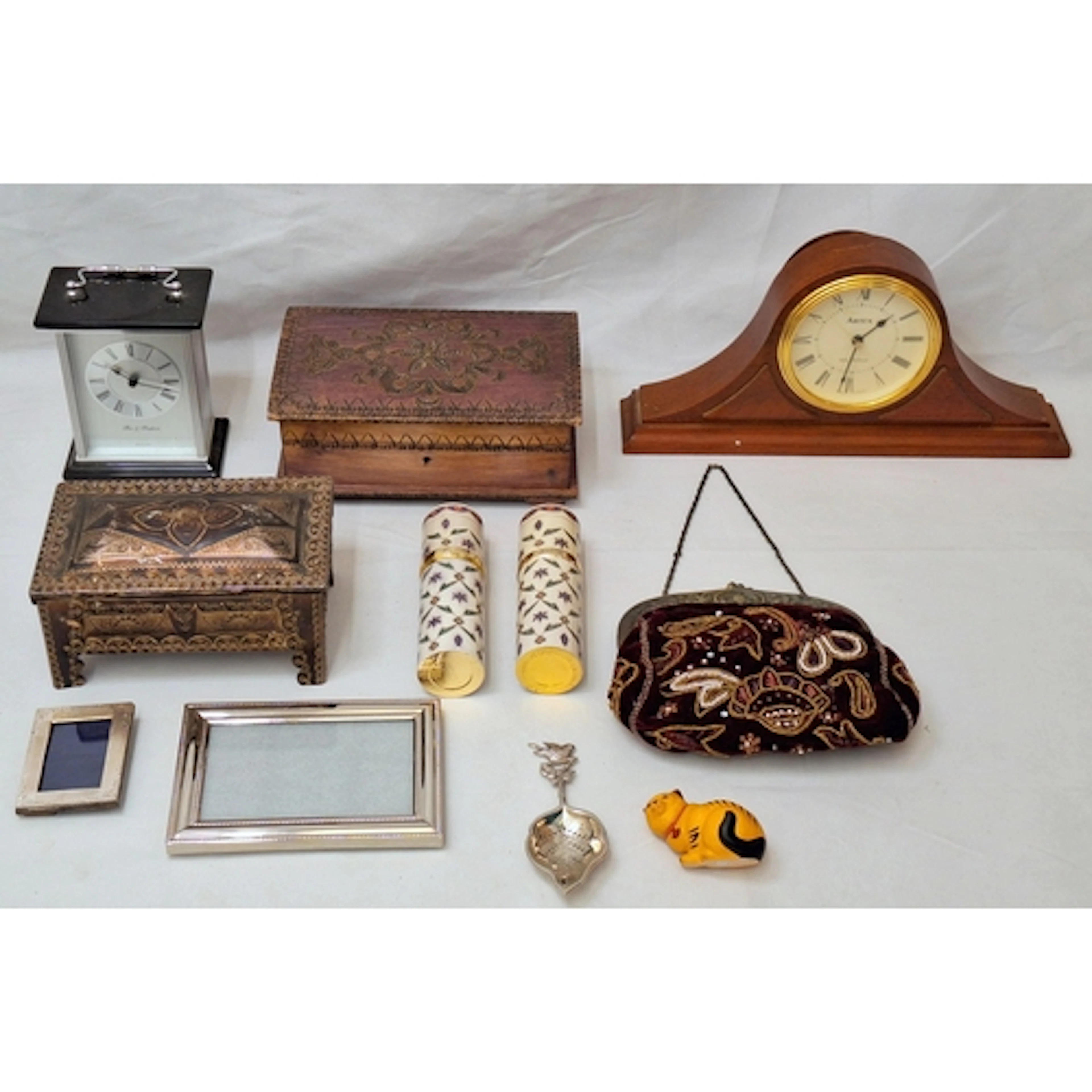 Jewellery Boxes incl. wooden, Artex mantle clock, Gullane D'...