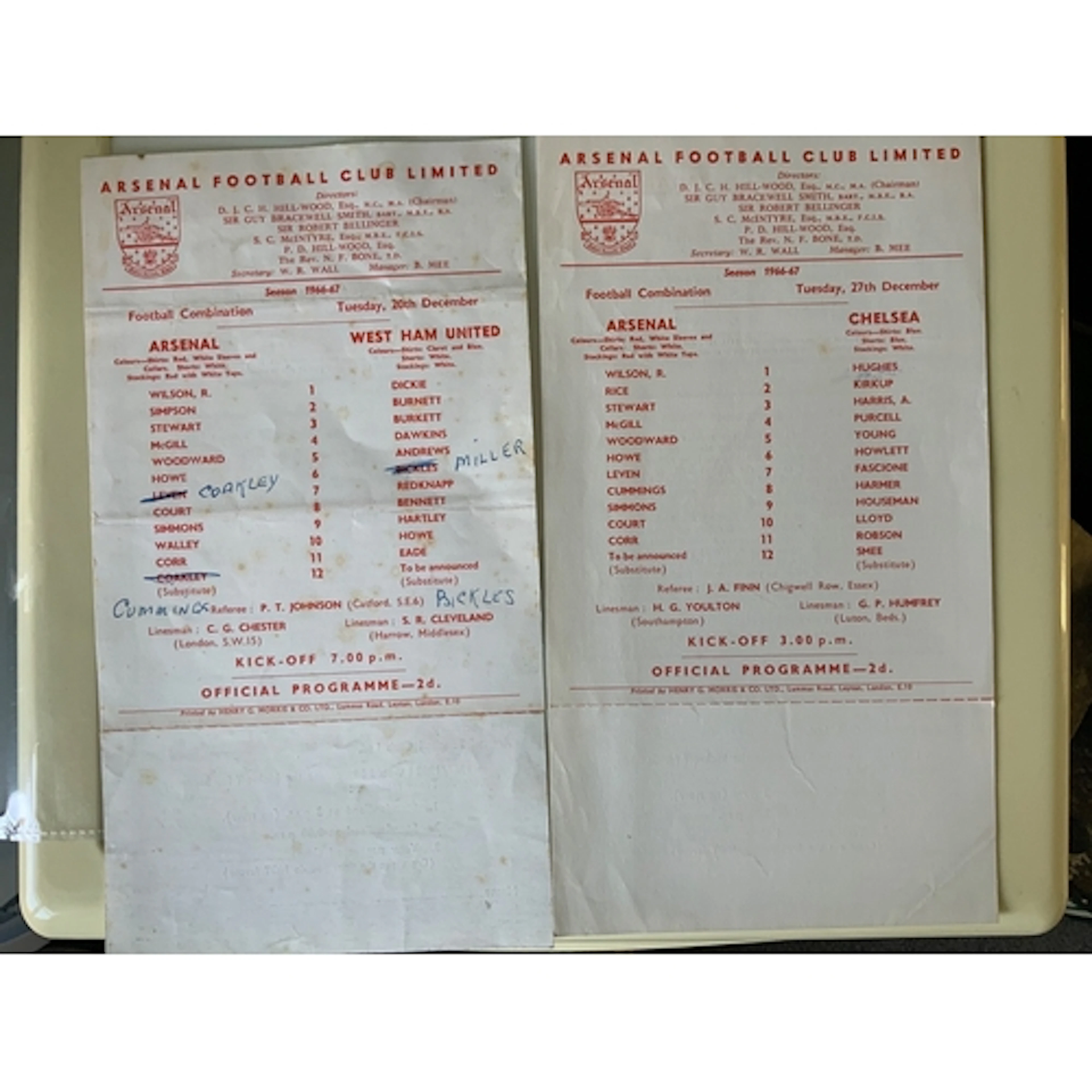 66/67 Arsenal Reserve Home Football Programmes: Single white...