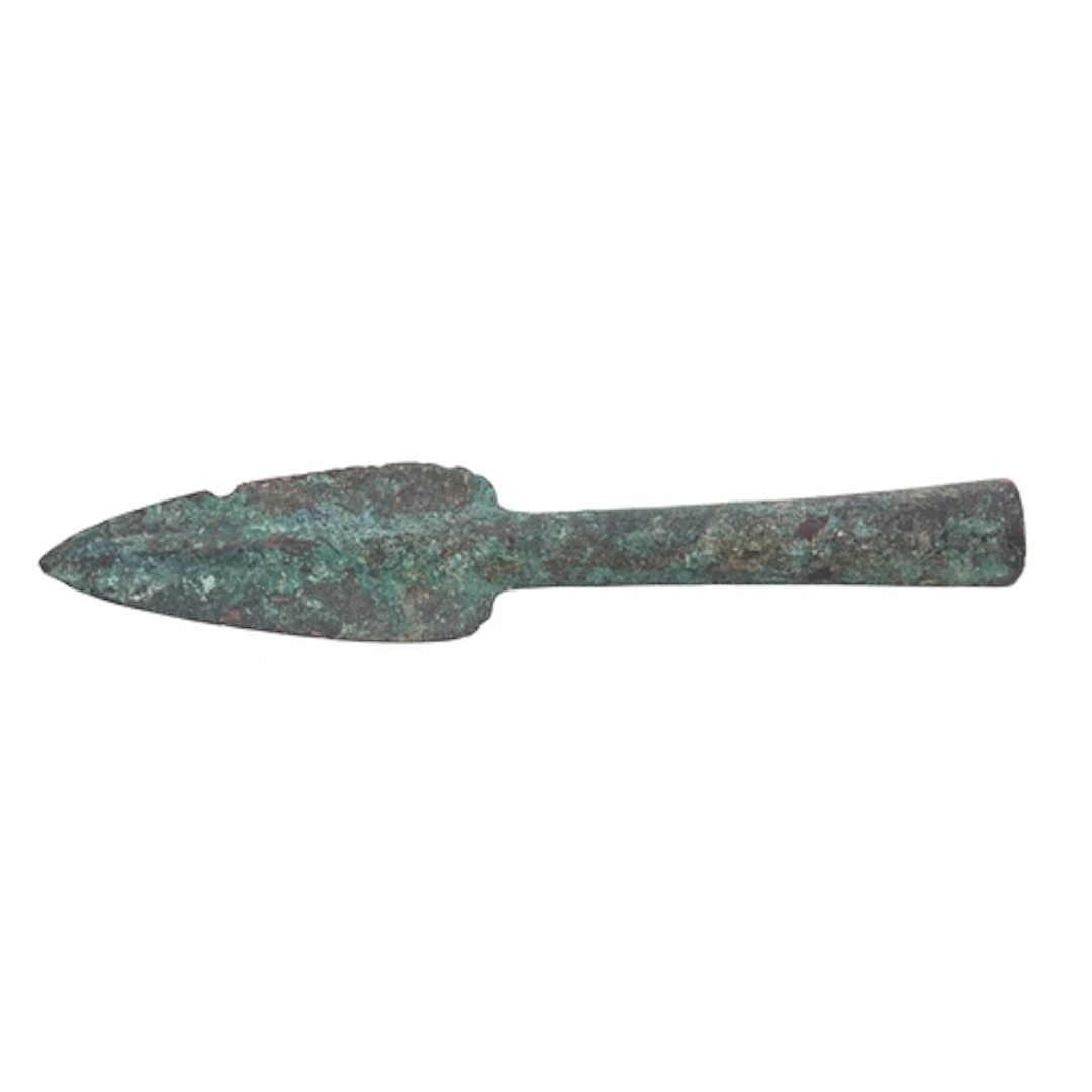 A Bronze spearhead, leaf-shaped tapering to a sharp point, c...