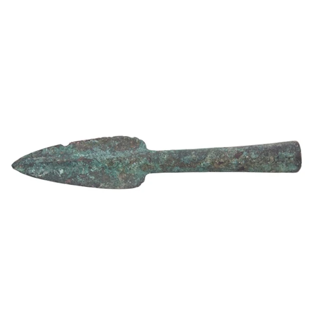 A Bronze spearhead, leaf-shaped tapering to a sharp point, c...