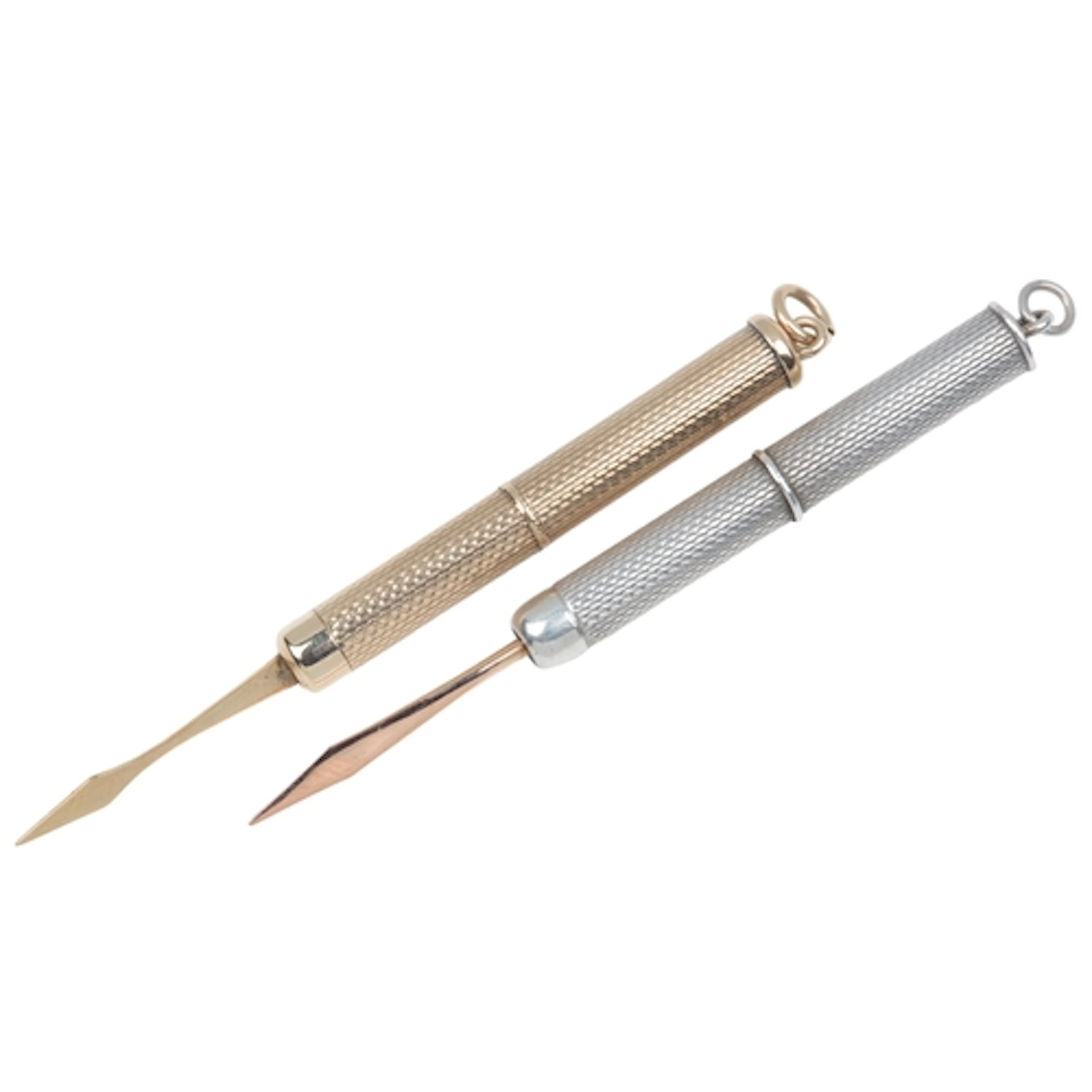 A 9ct gold toothpick and a silver toothpick, each with a scr...