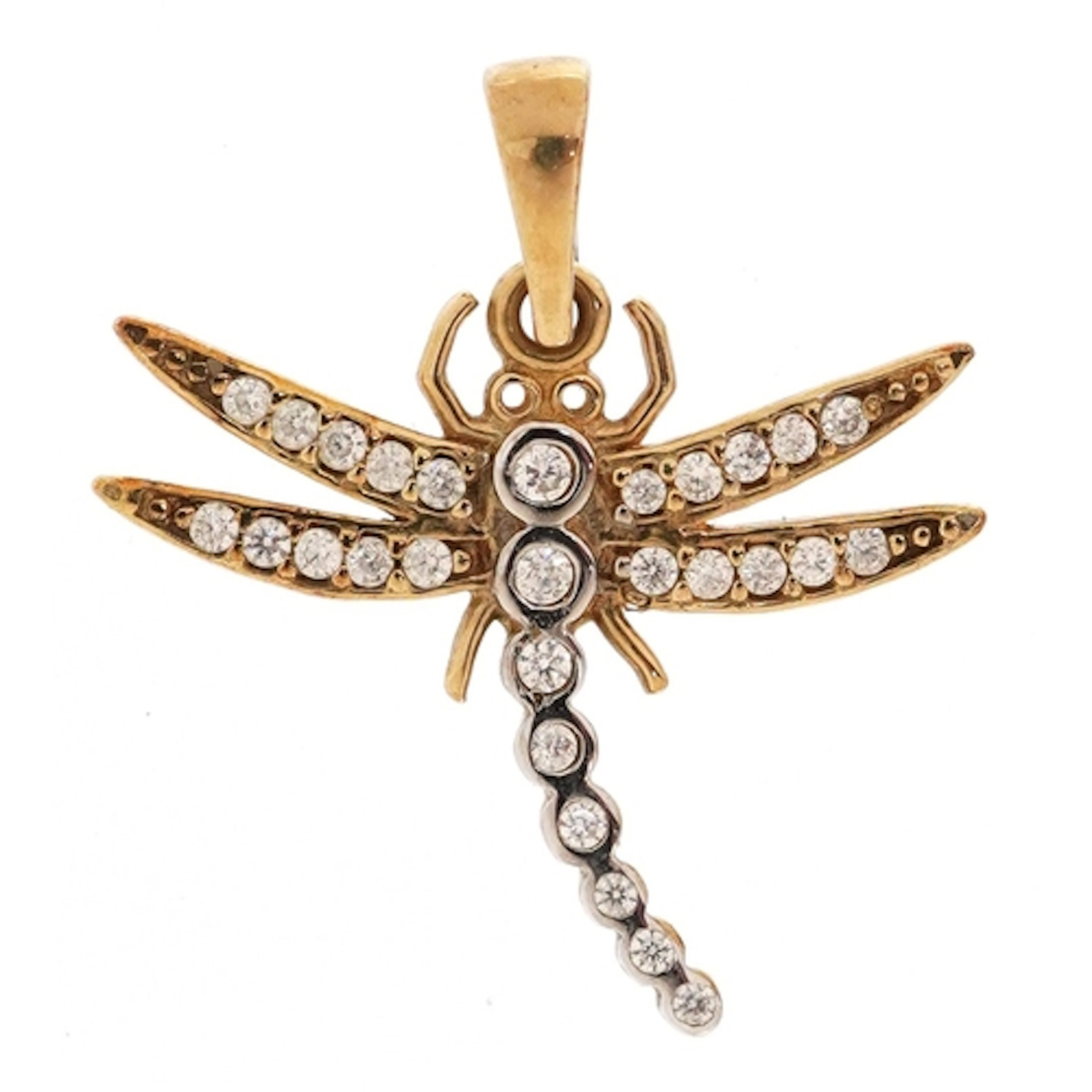 9ct gold clear stone dragonfly pendant, 2.2cm high, 0.9g.