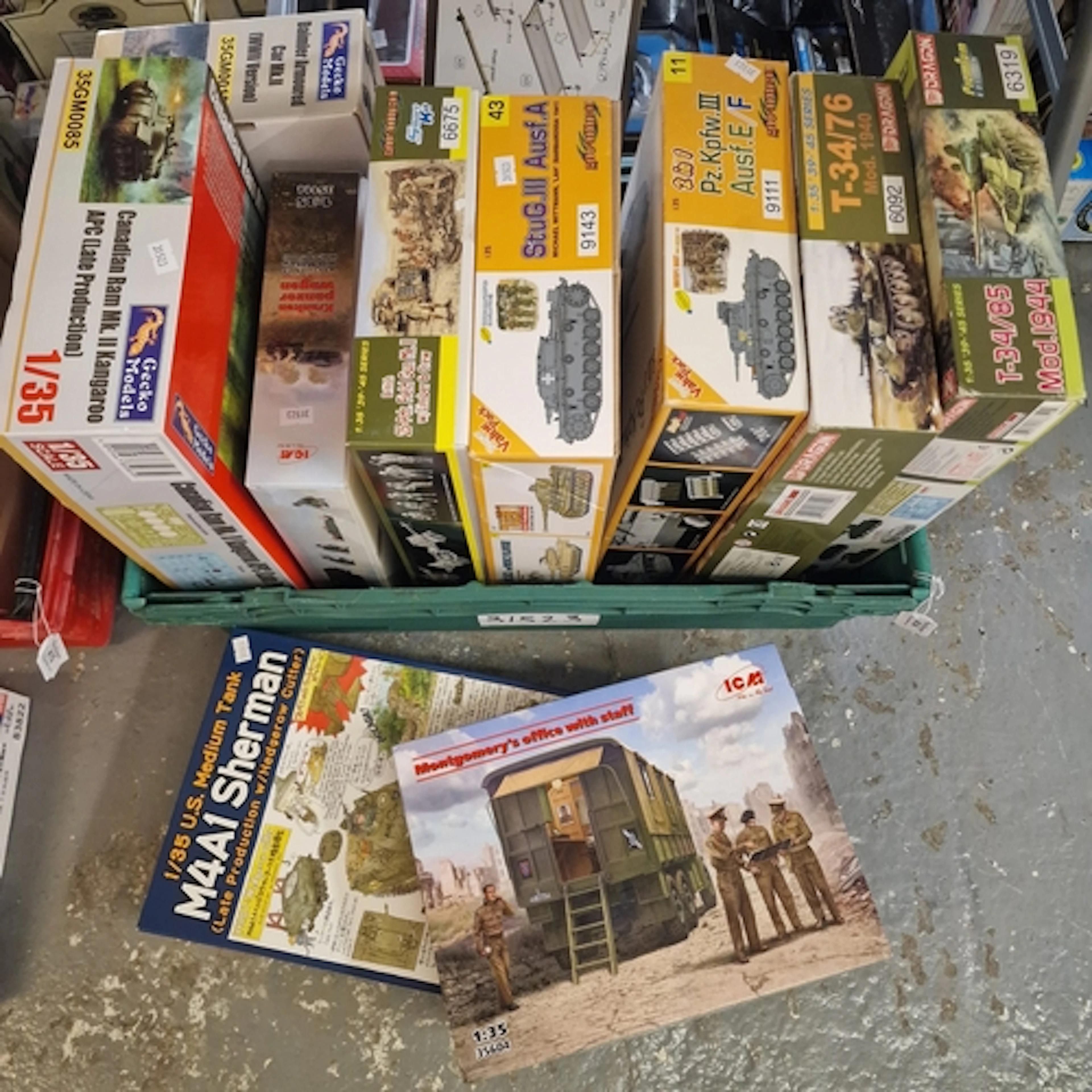 Crate of various 1:35 scale model kits in original boxes, to...