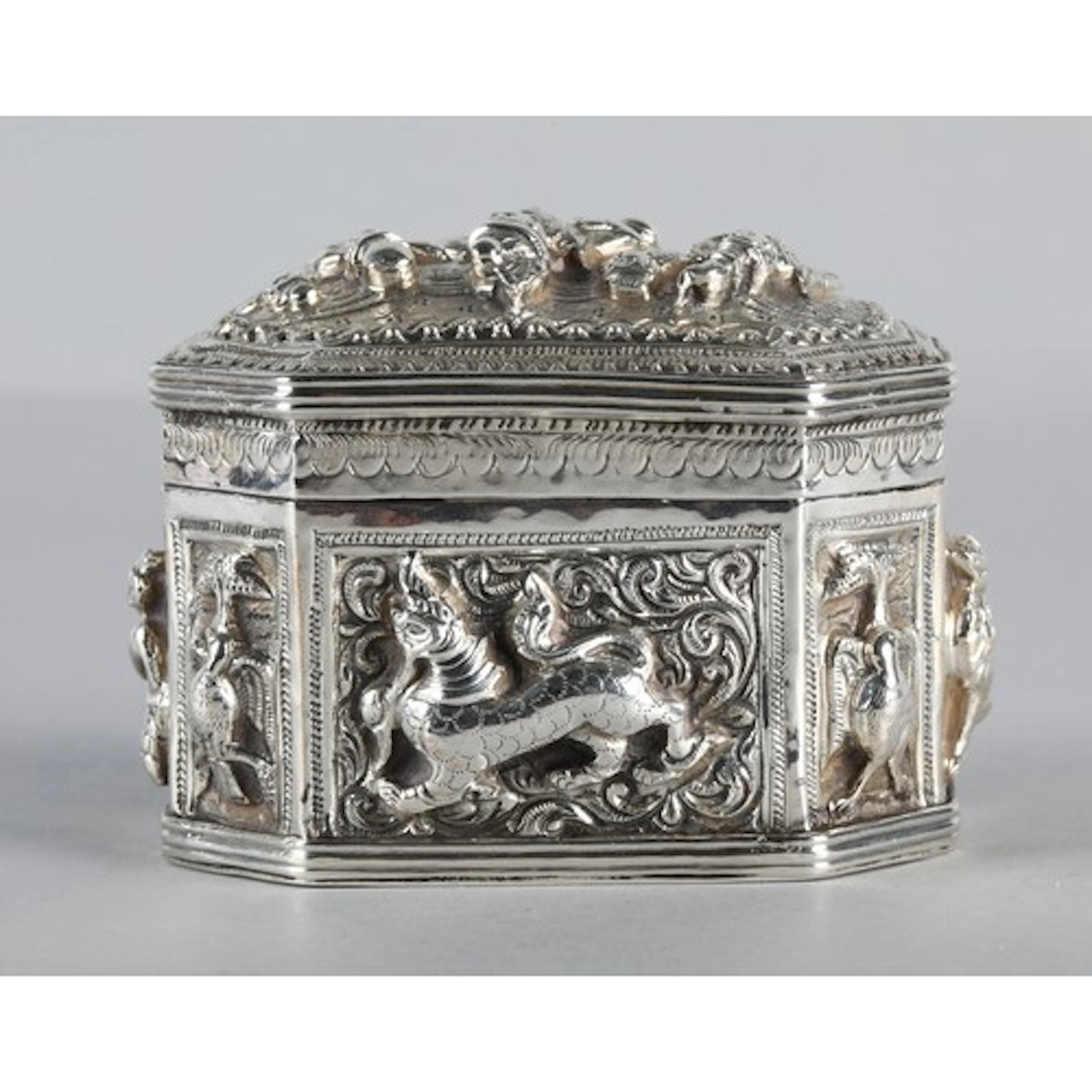 Burmese silver coloured betel box (paan dan) of chamfered oc...
