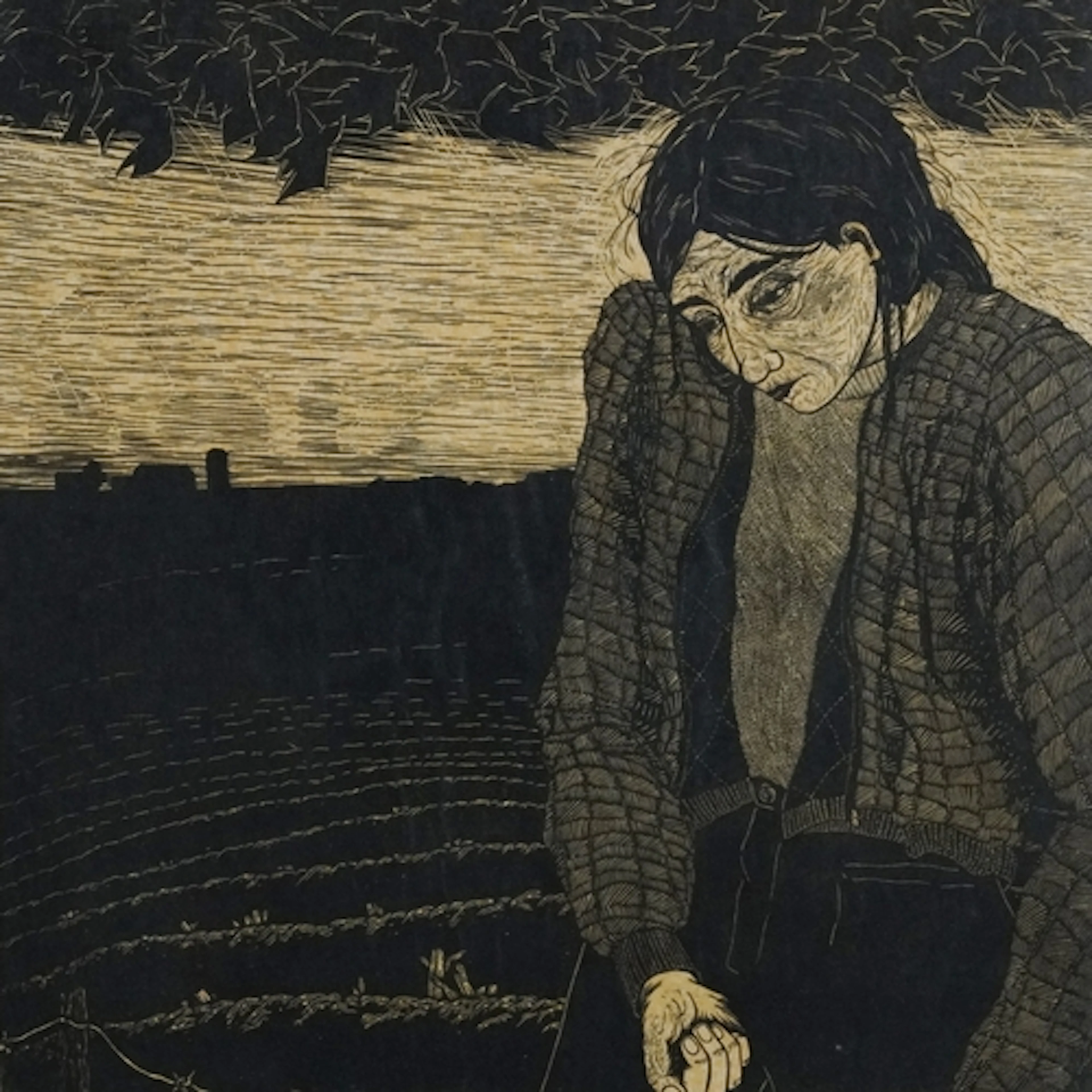 After Edvard Munch - Elderly female before a landscape, wood...