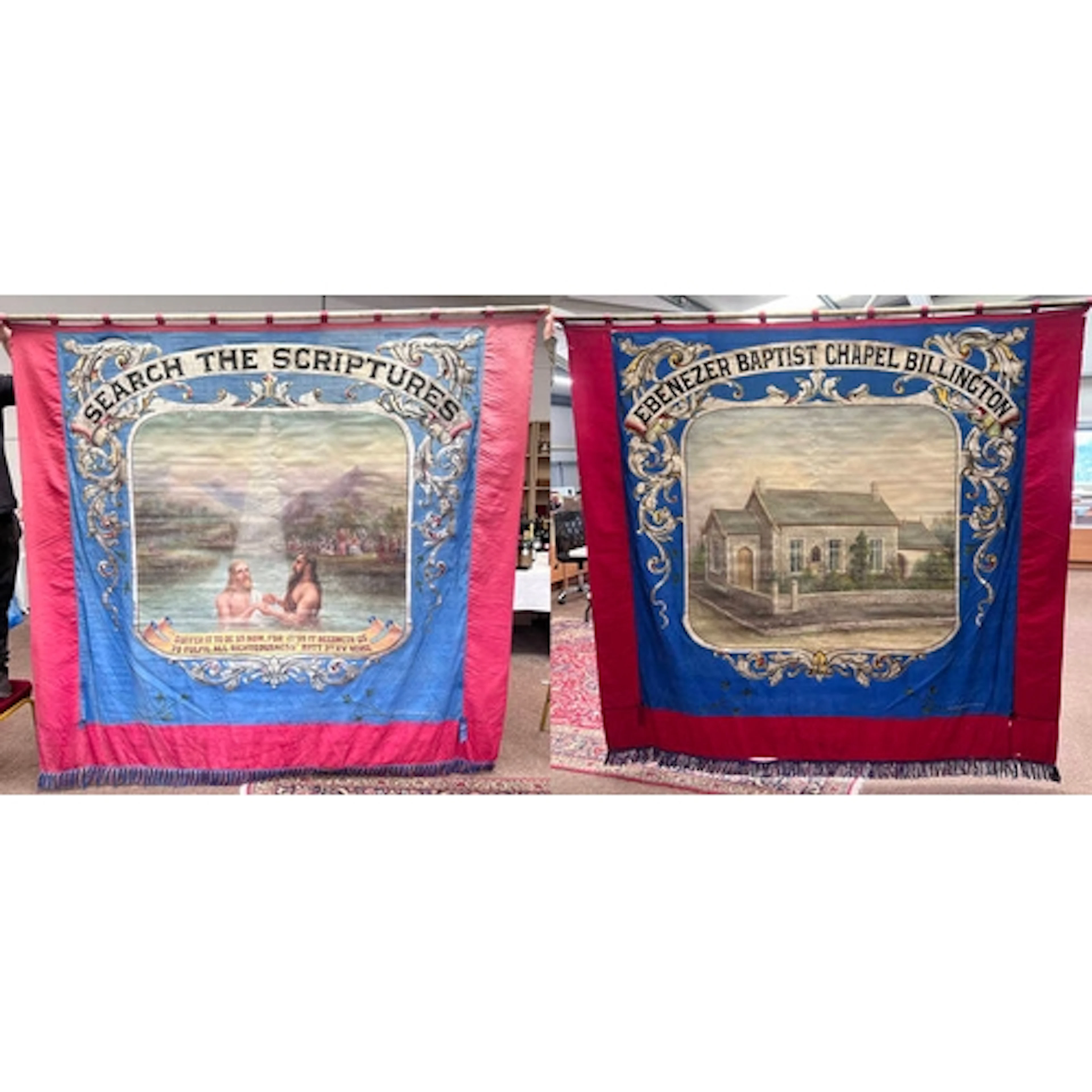 LARGE HAND PAINTED DOUBLE SIDED FABRIC BANNER DATING FROM TH...
