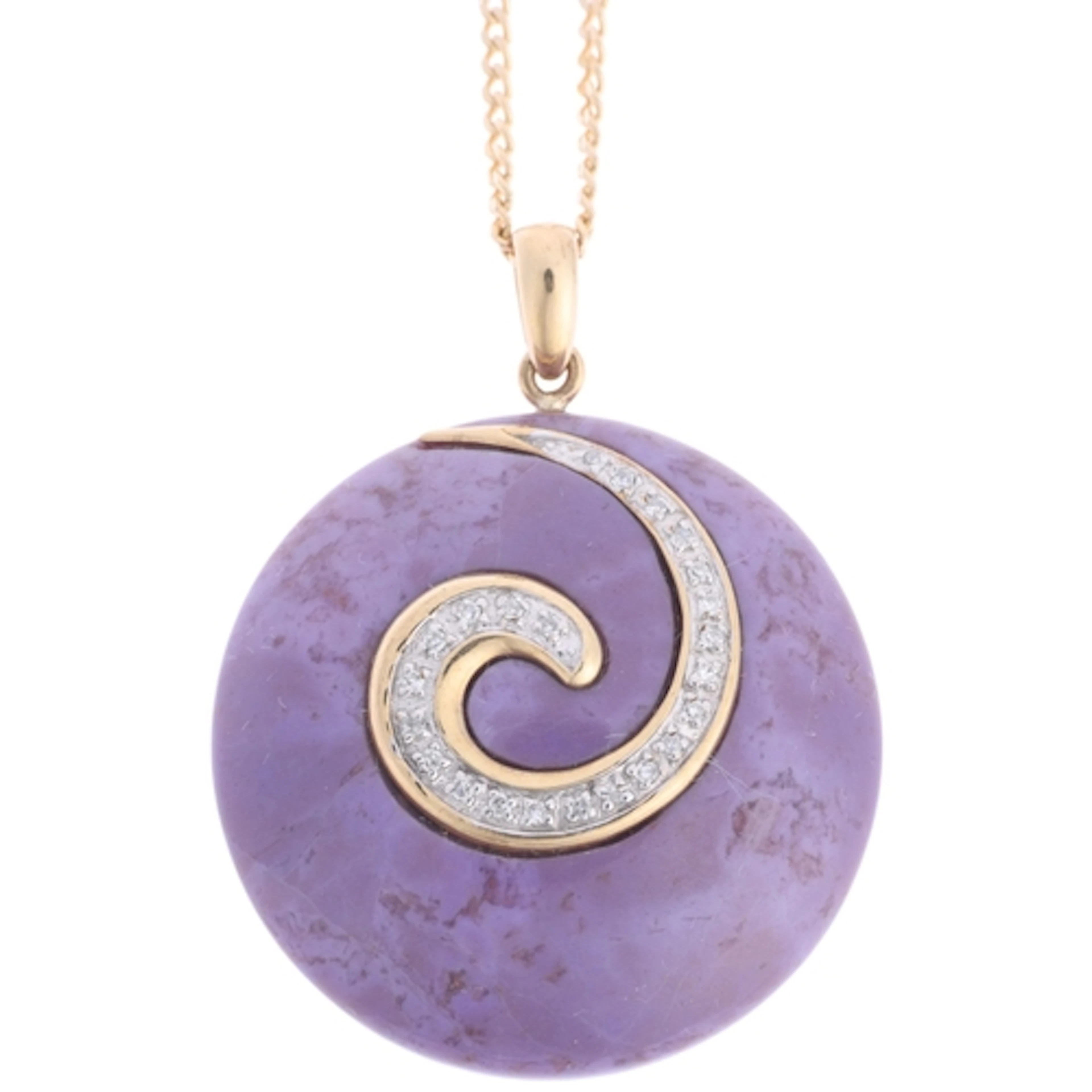 A 9ct gold charoite diamond swirl pendant necklace, on 9ct f...