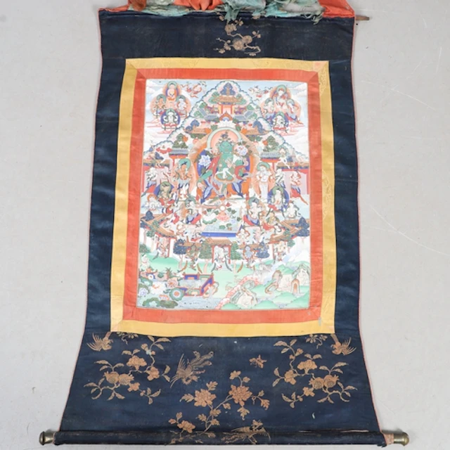 TIBETAN THANKA SCROLL. Probably late 19thc, the panel painte...