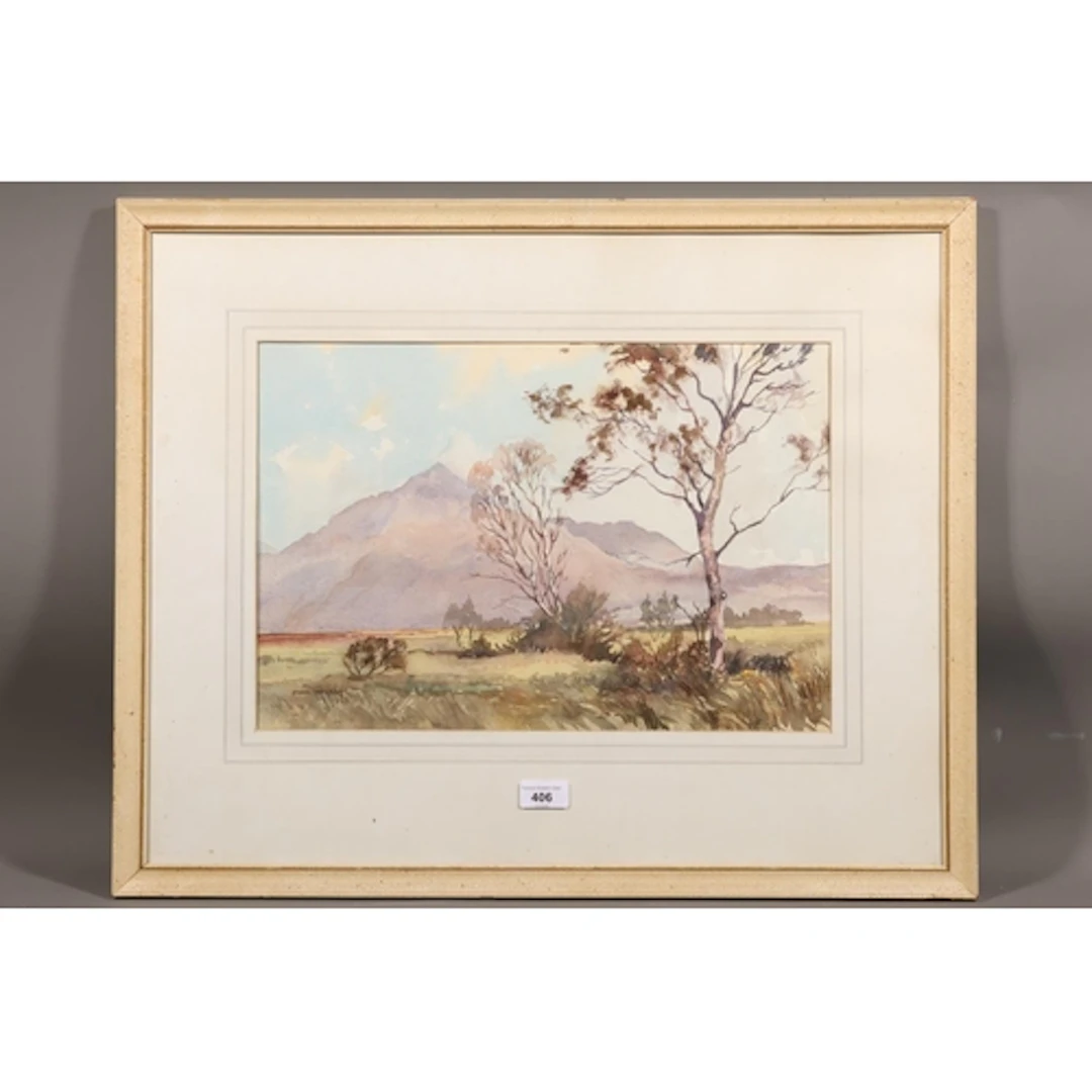 JAMES HERRIOT, trees before a mountain, watercolour painting...