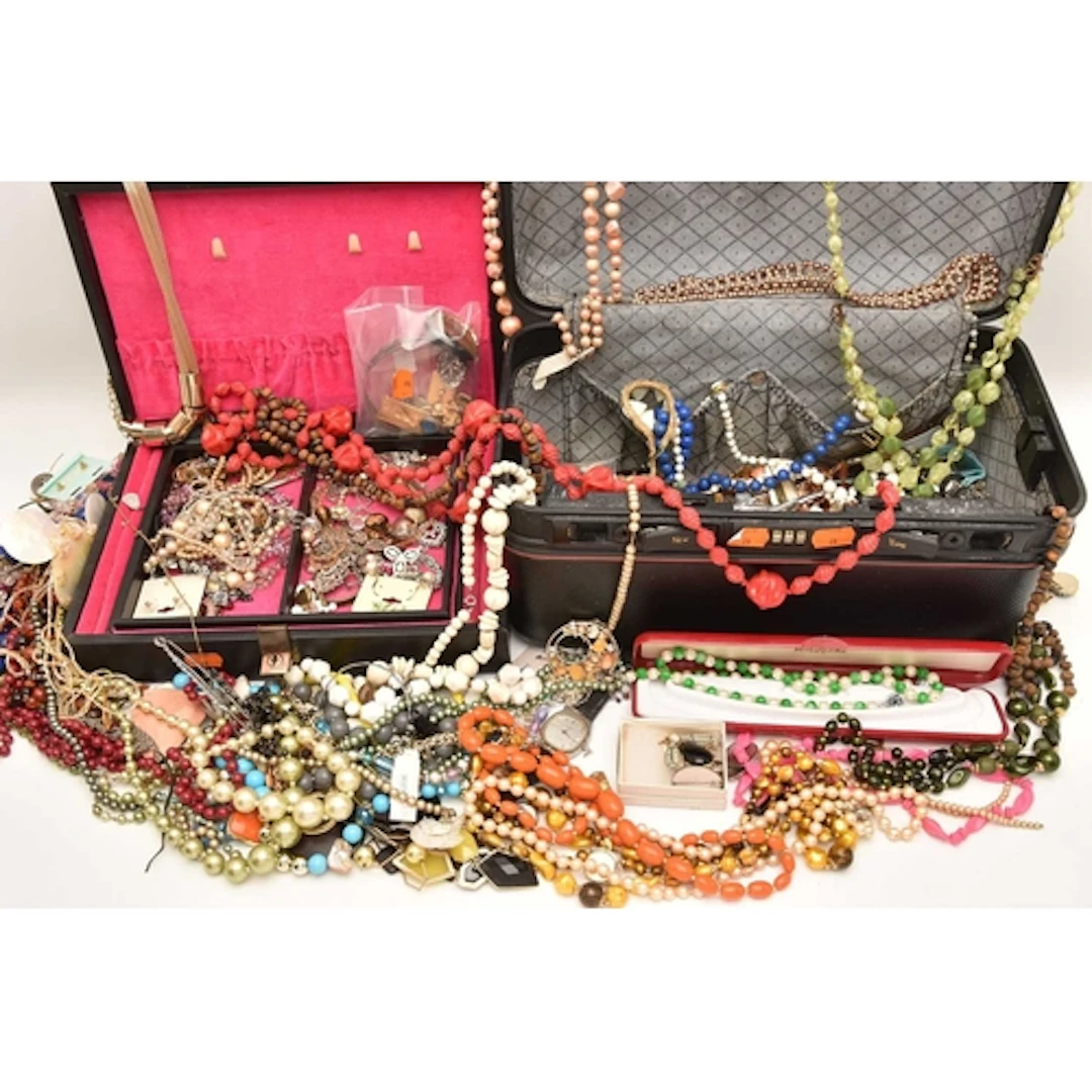 A CASE AND A JEWELLERY BOX OF ASSORTED COSTUME JEWELLERY, to...