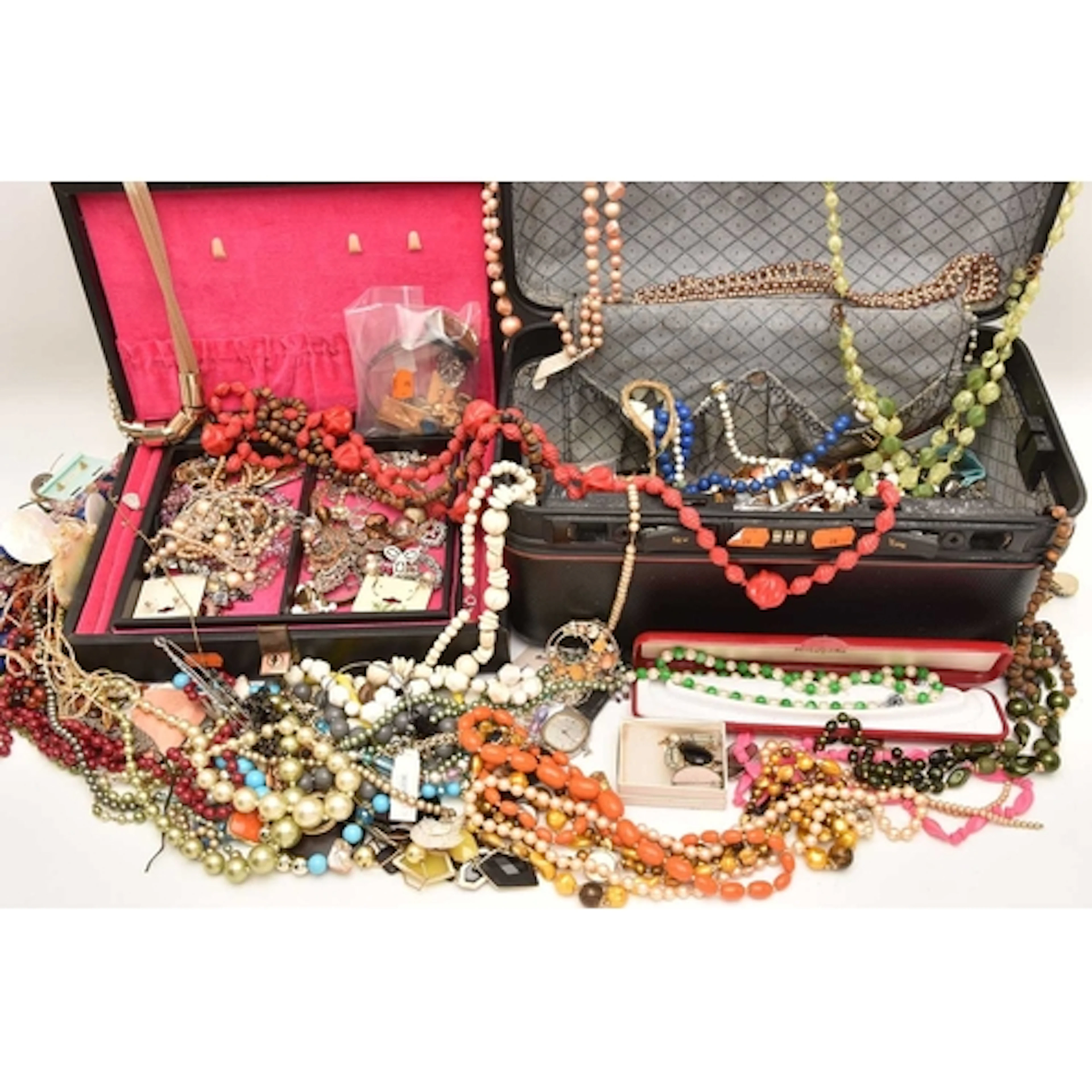 A CASE AND A JEWELLERY BOX OF ASSORTED COSTUME JEWELLERY, to...