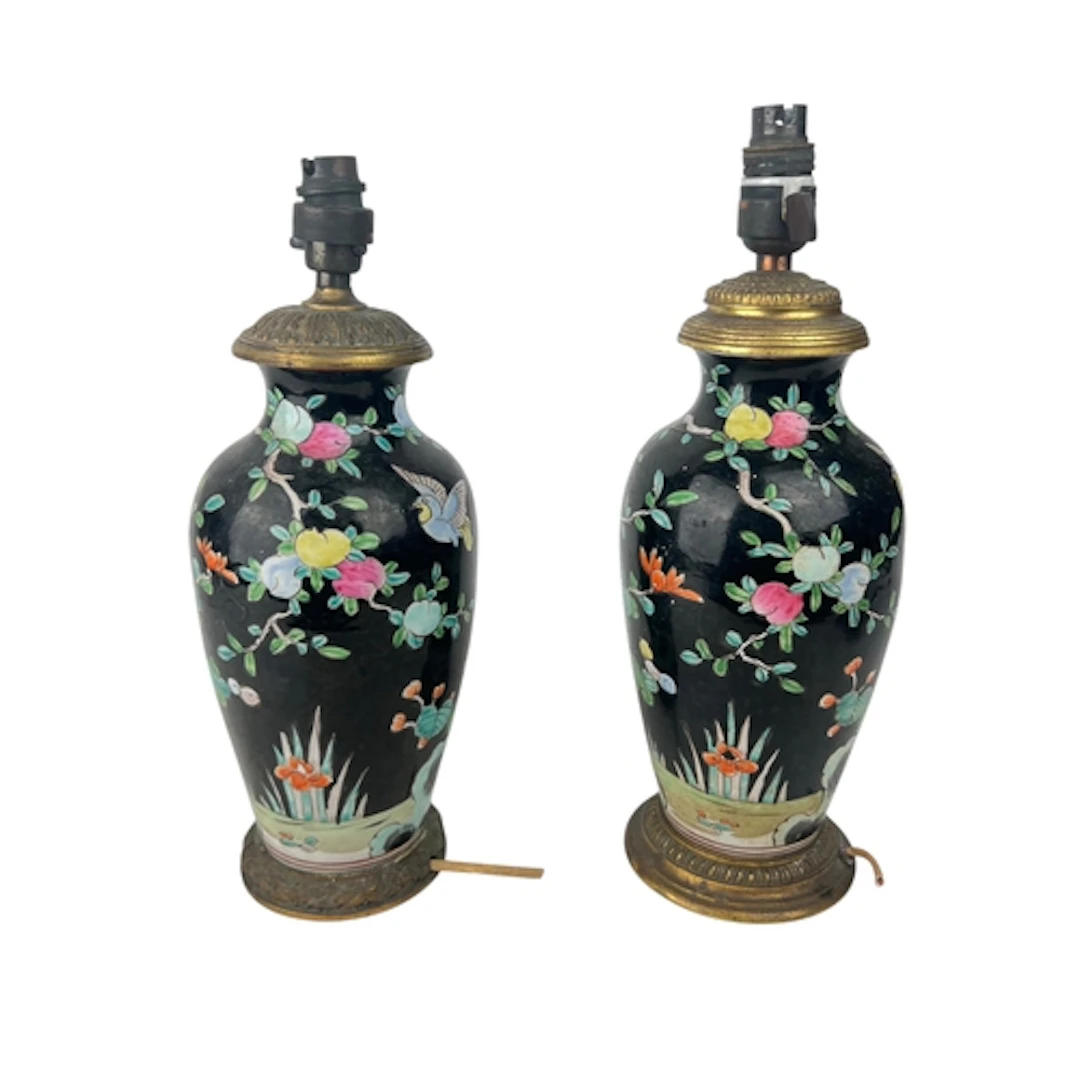 A MATCHED PAIR OF CHINESE FAMILE NOIR TABLE LAMPS 36cm H inc...