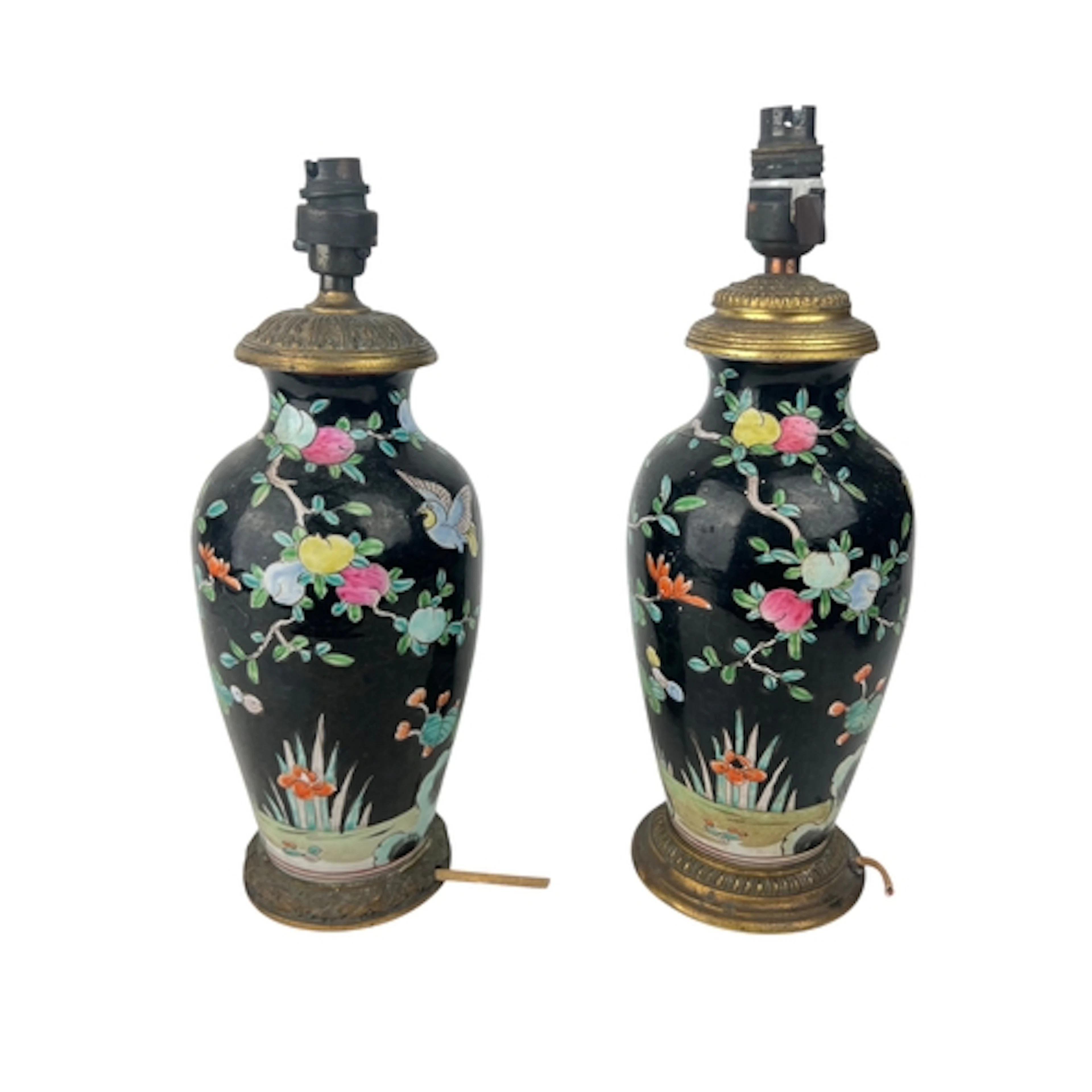 A MATCHED PAIR OF CHINESE FAMILE NOIR TABLE LAMPS 36cm H inc...
