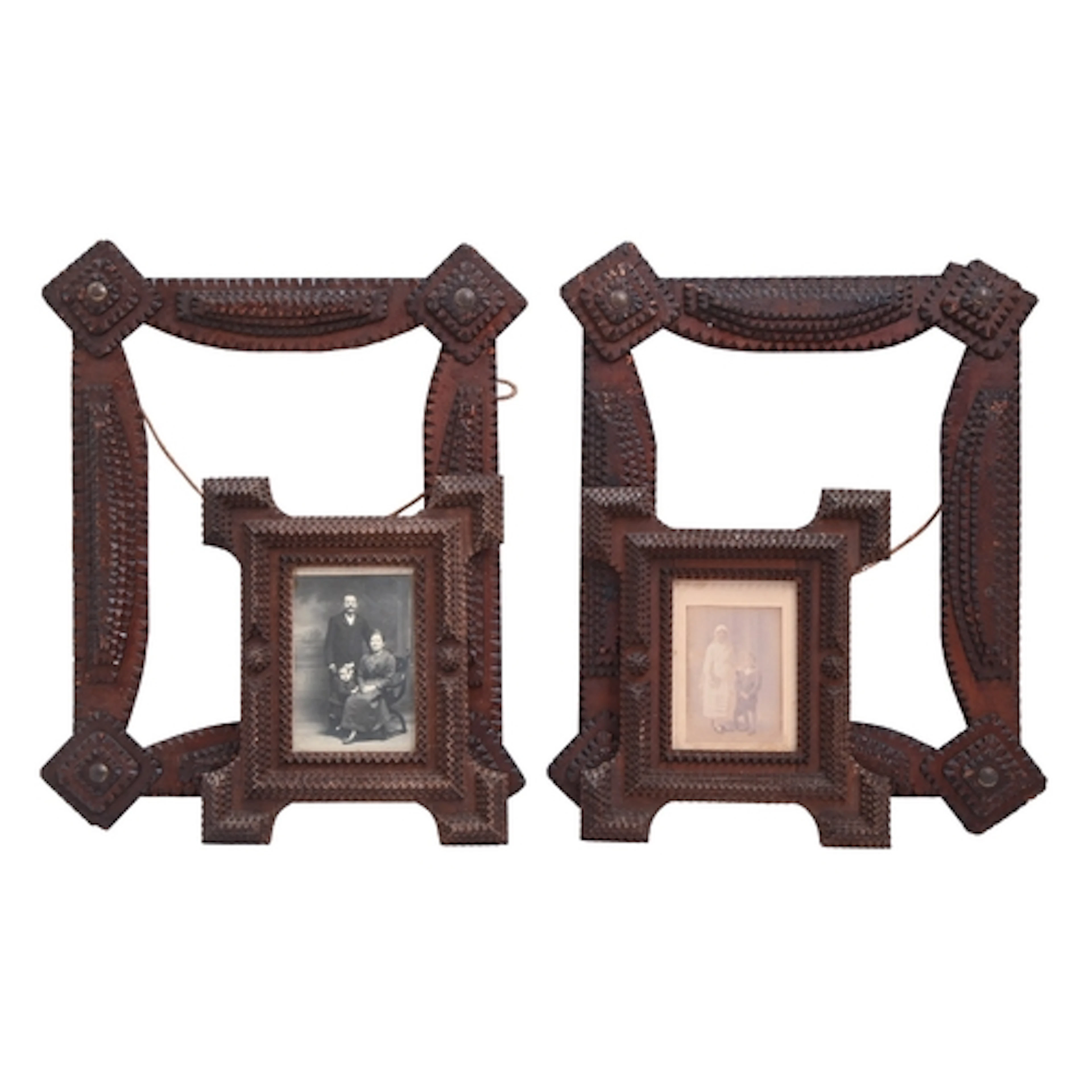 Two pairs of 'Tramp Art' picture frames, late 19th c, of typ...