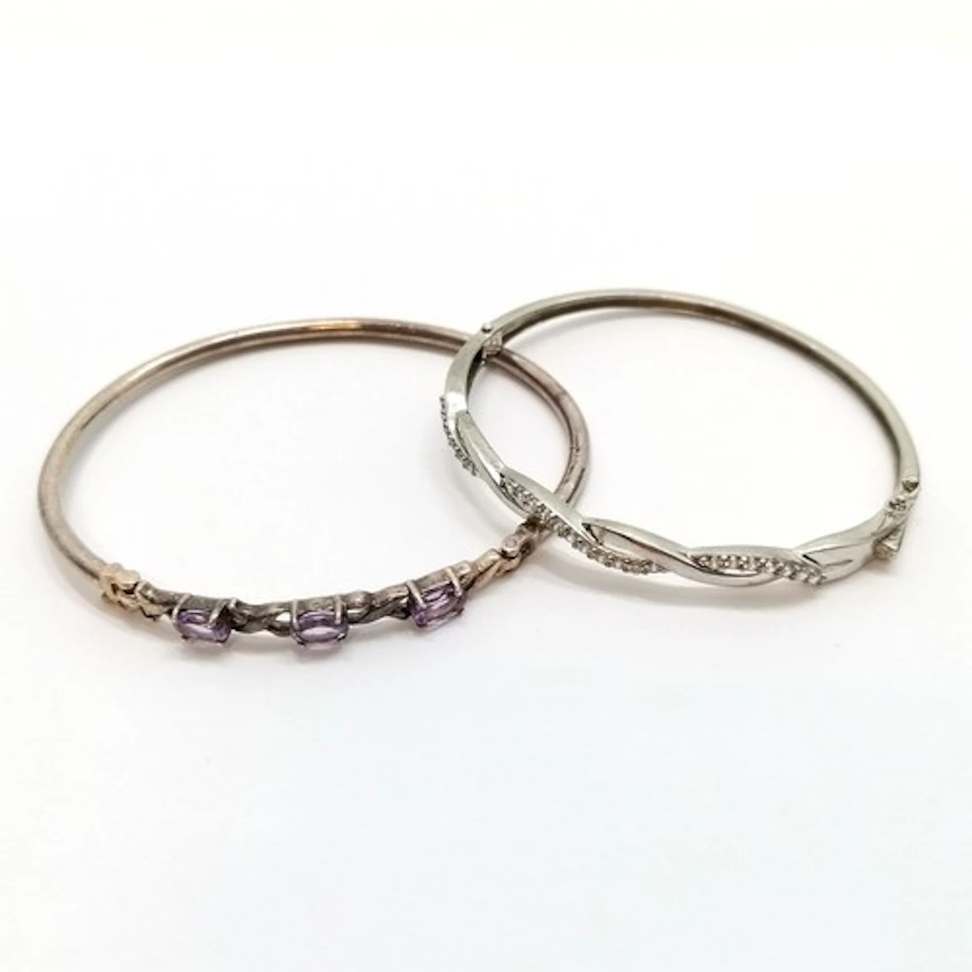 2 x sterling silver marked stone set bangles inc amethyst (7...