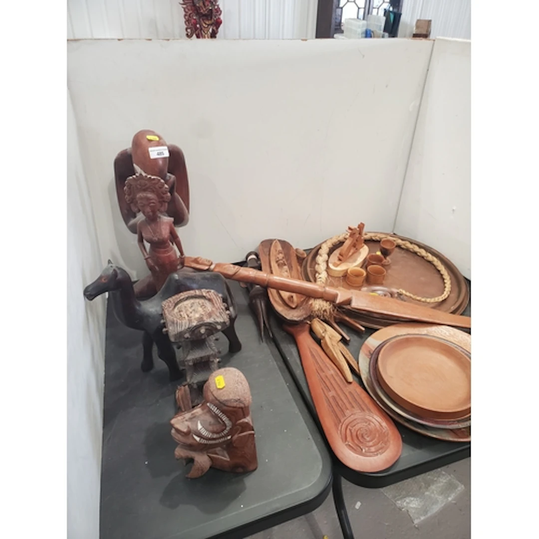 Four carved Ethnographic Figures, a Candlestand Tribal Cerem...