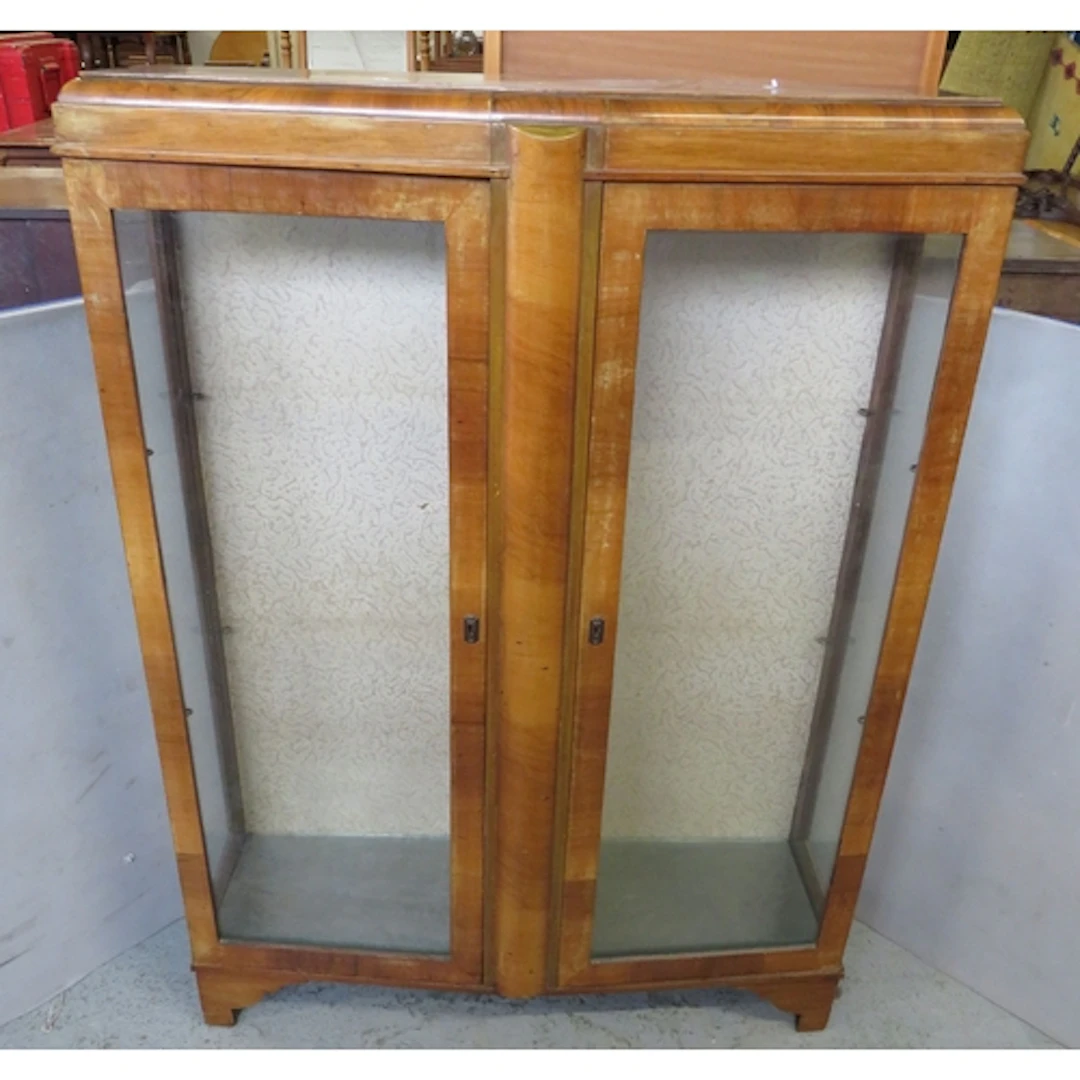 Walnut Art Deco Display Cabinet, twin glazed doors, rounded ...