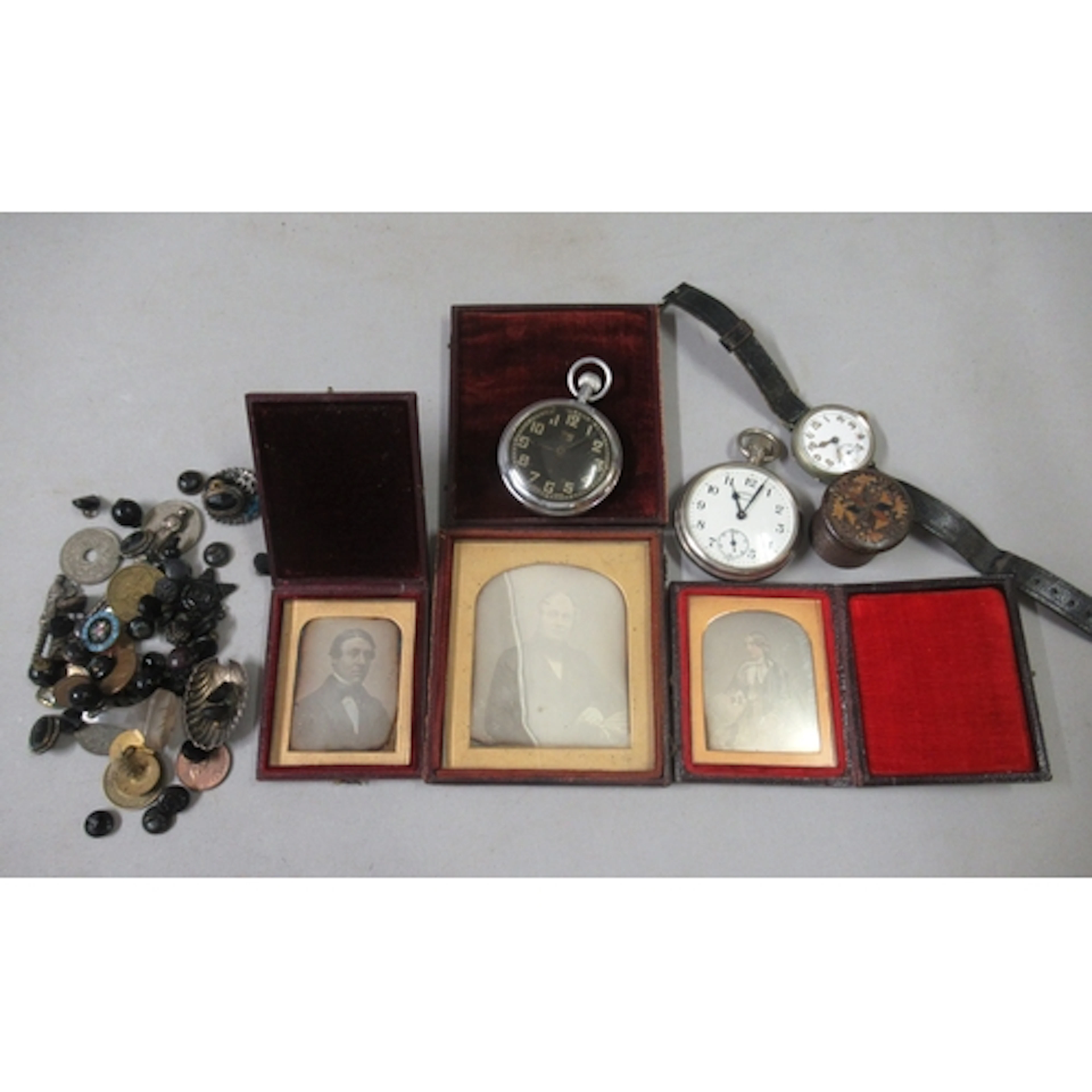 Three leather cased dagguerotypes, three various watches, sm...