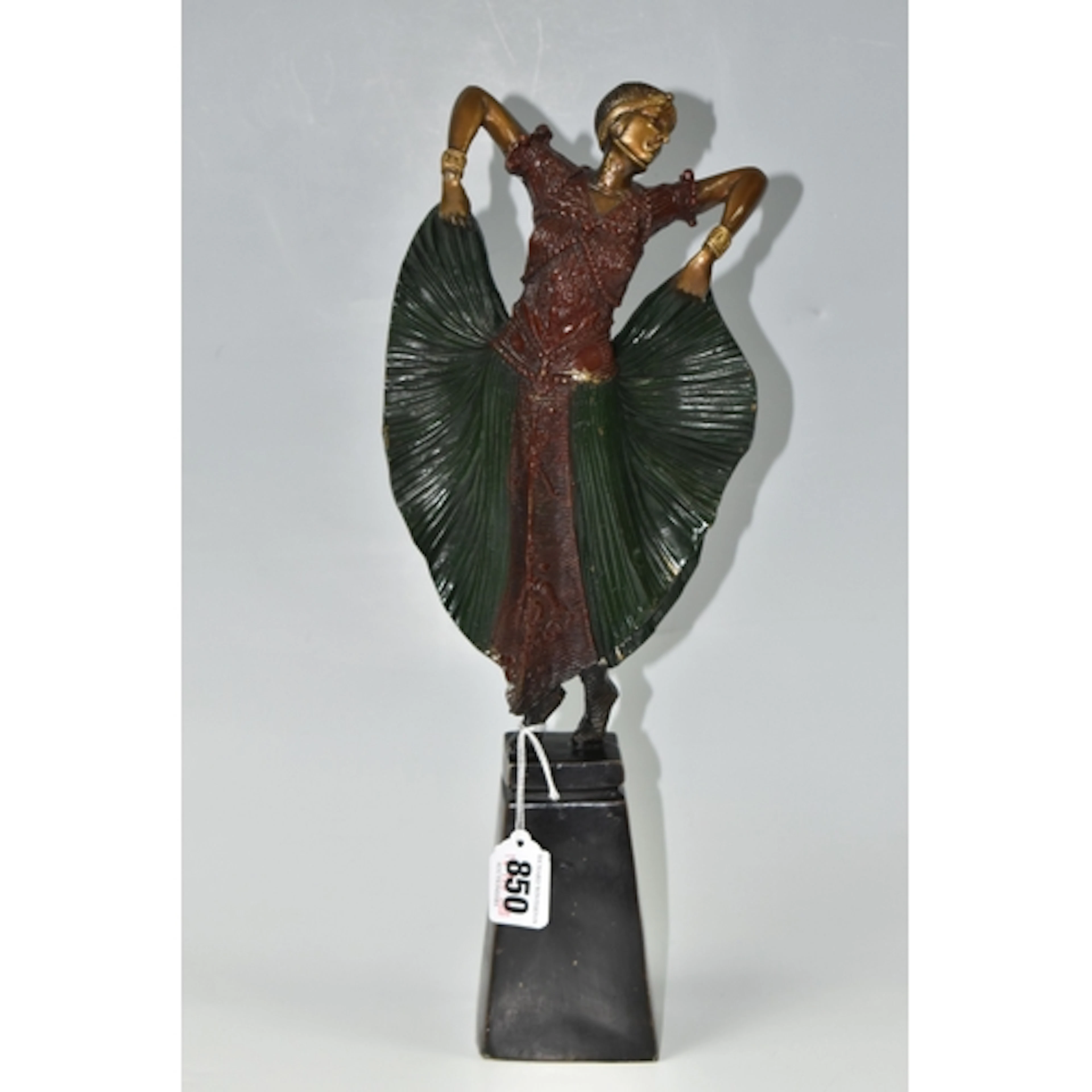 AN ART DECO STYLE PAINTED BRONZE FIGURE OF A DANCER, after J...