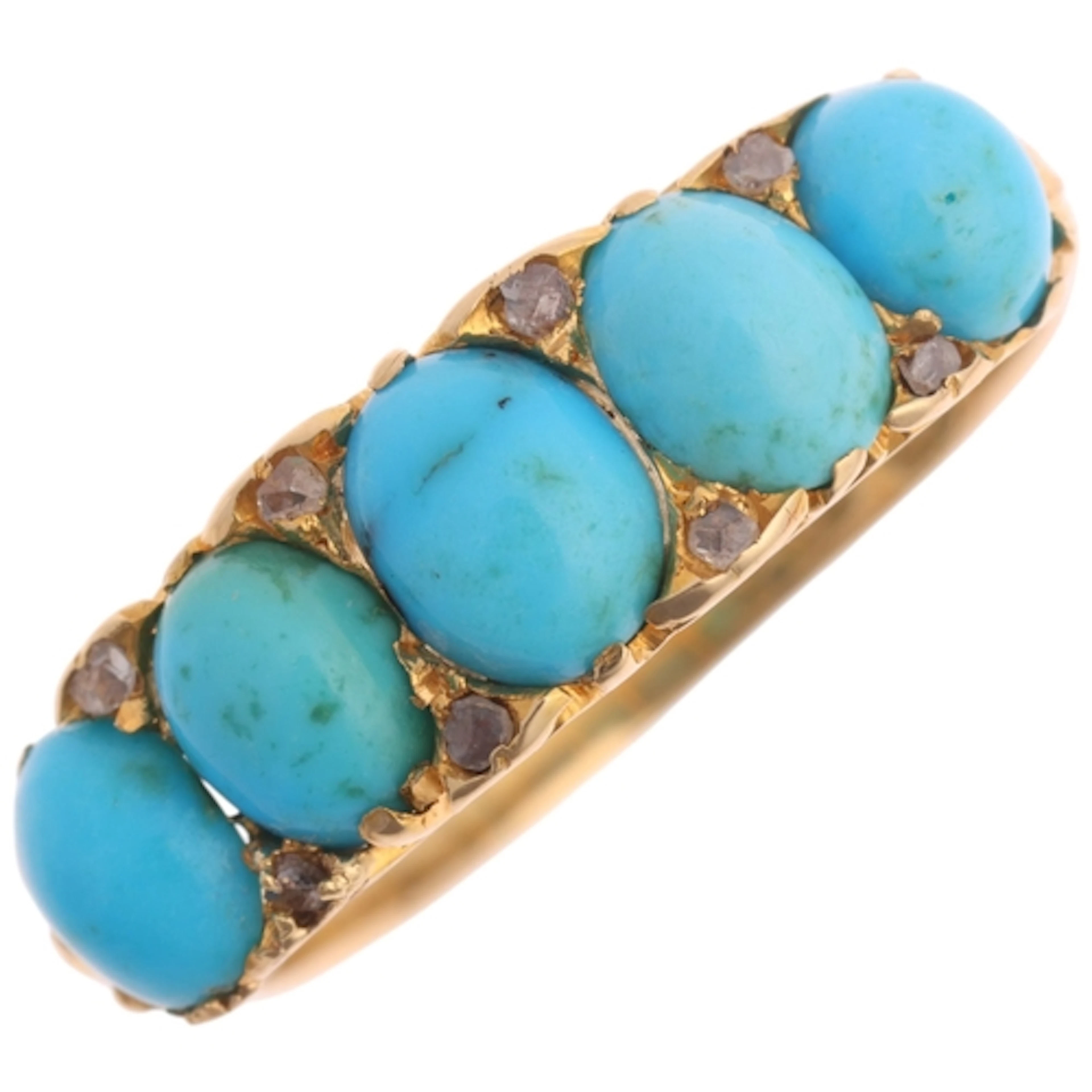 An Antique 18ct gold turquoise and diamond half hoop ring, m...