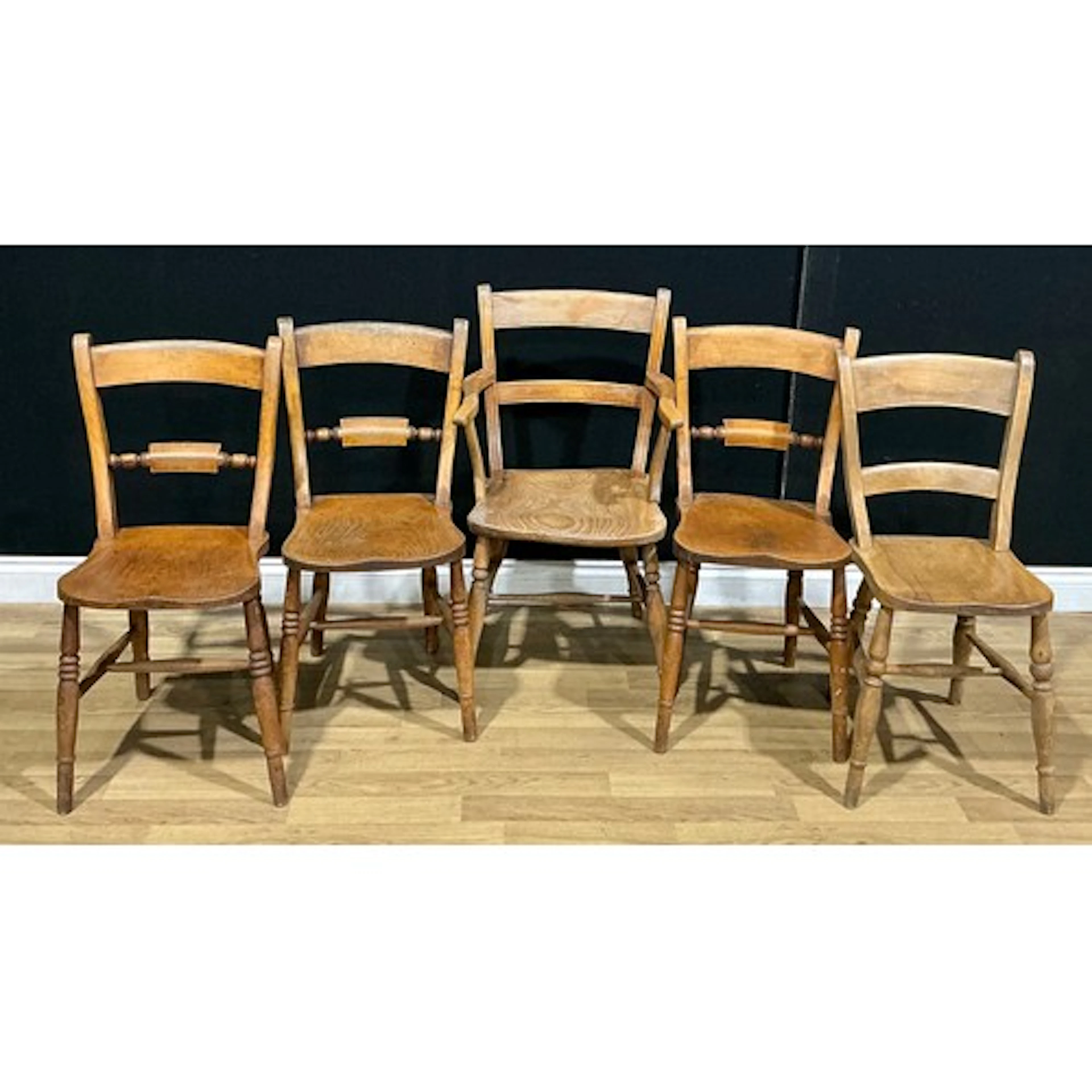 A set of three 19th century beech and elm Oxford bar back si...