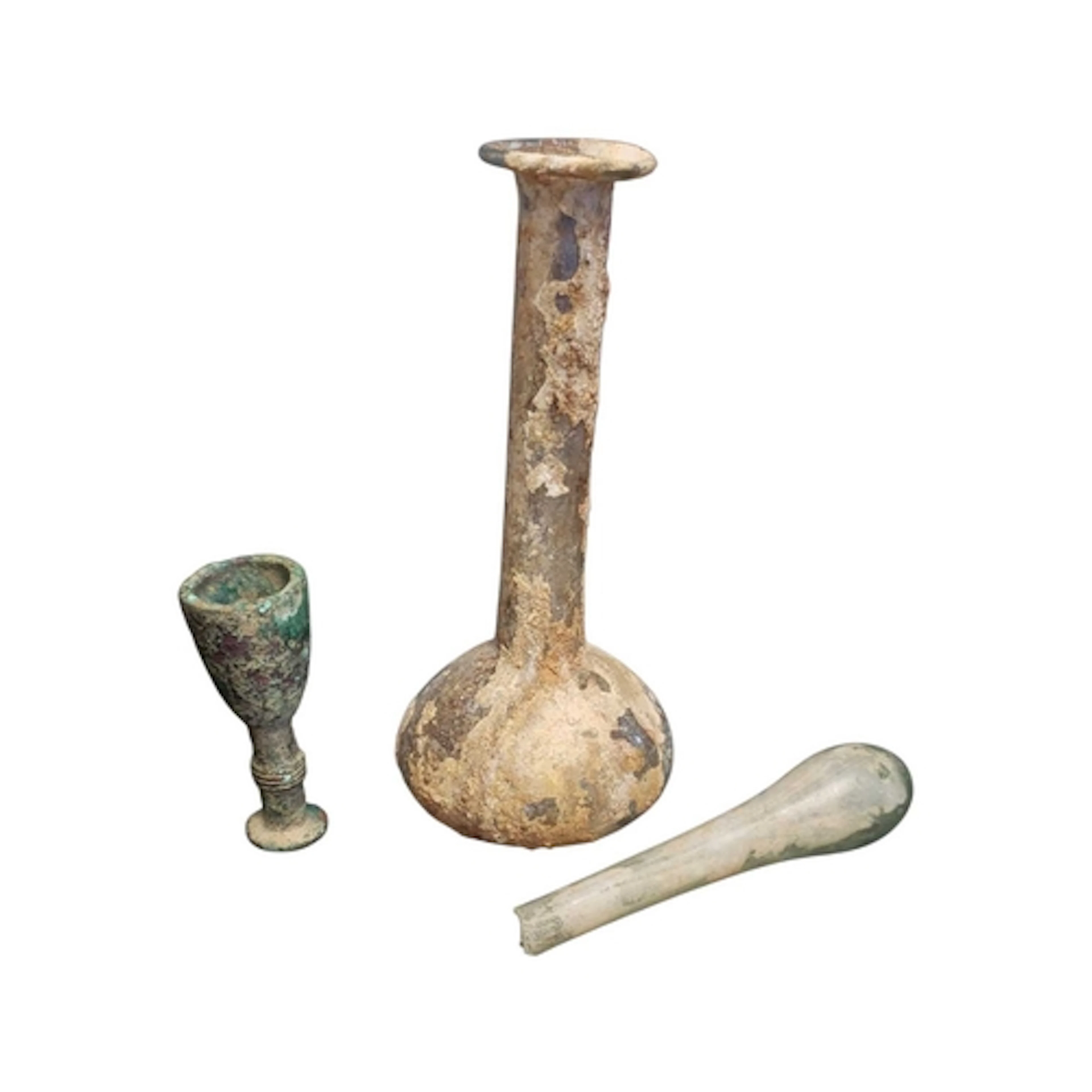 Three believed Roman glass and metal bottles / unguentarium....