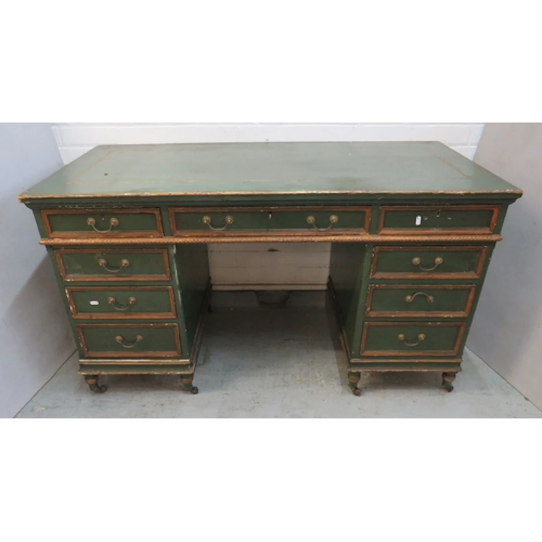 Wooden Green Painted Pedestal Desk, smaller drawer to left ...