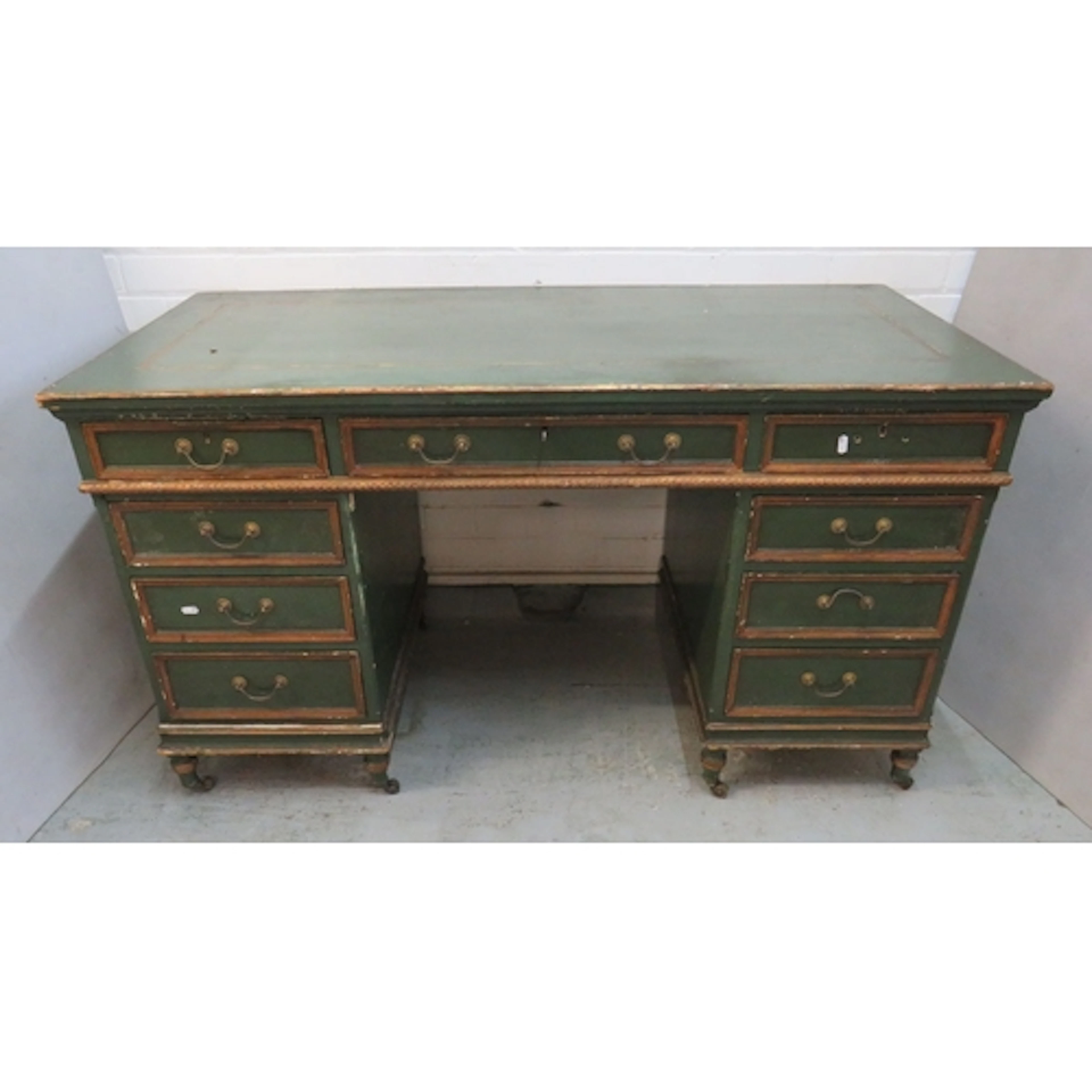 Wooden Green Painted Pedestal Desk, smaller drawer to left ...
