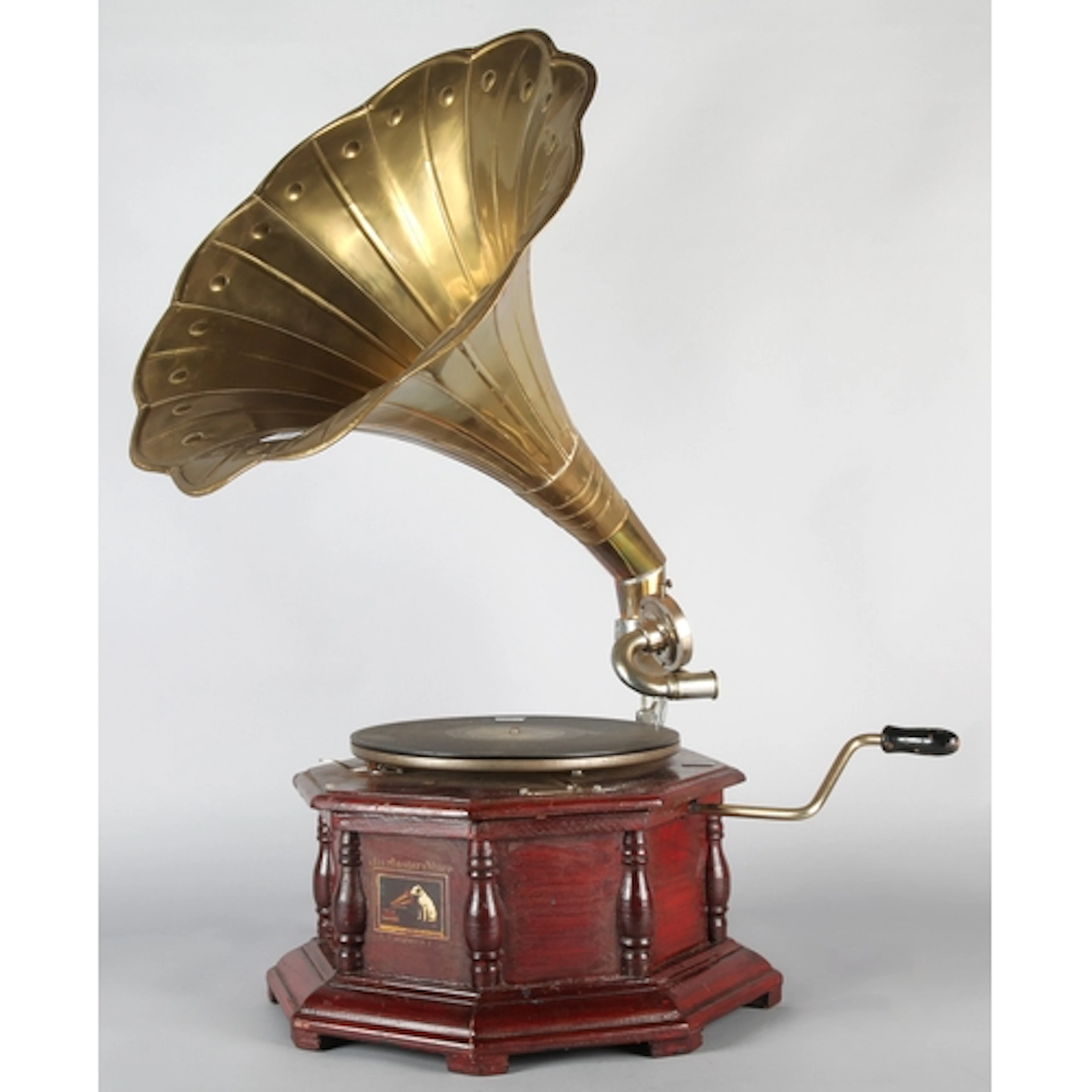 His Masters Voice gramophone with brass horn.