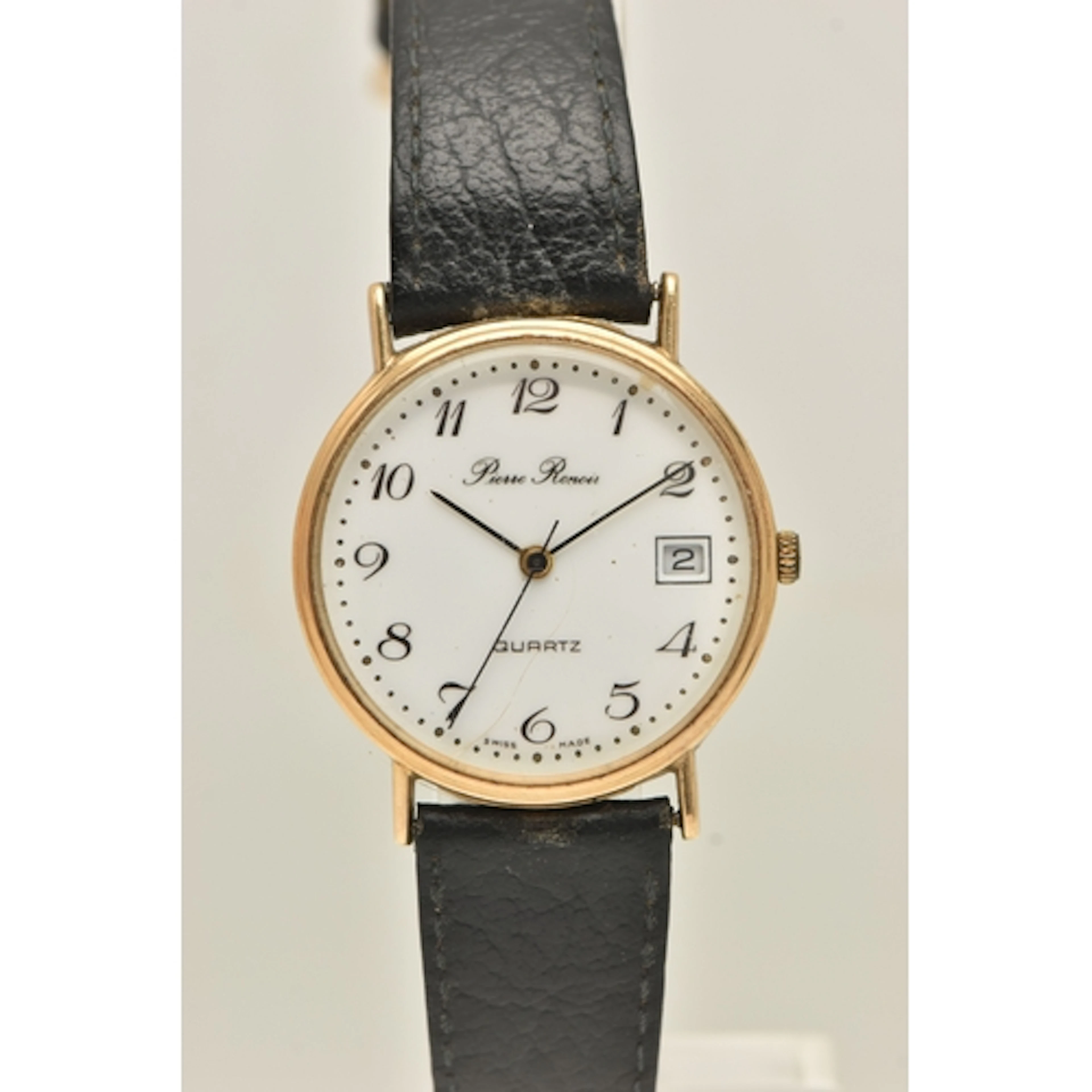 A 9CT GOLD WRISTWATCH, quartz movement, round white dial sig...