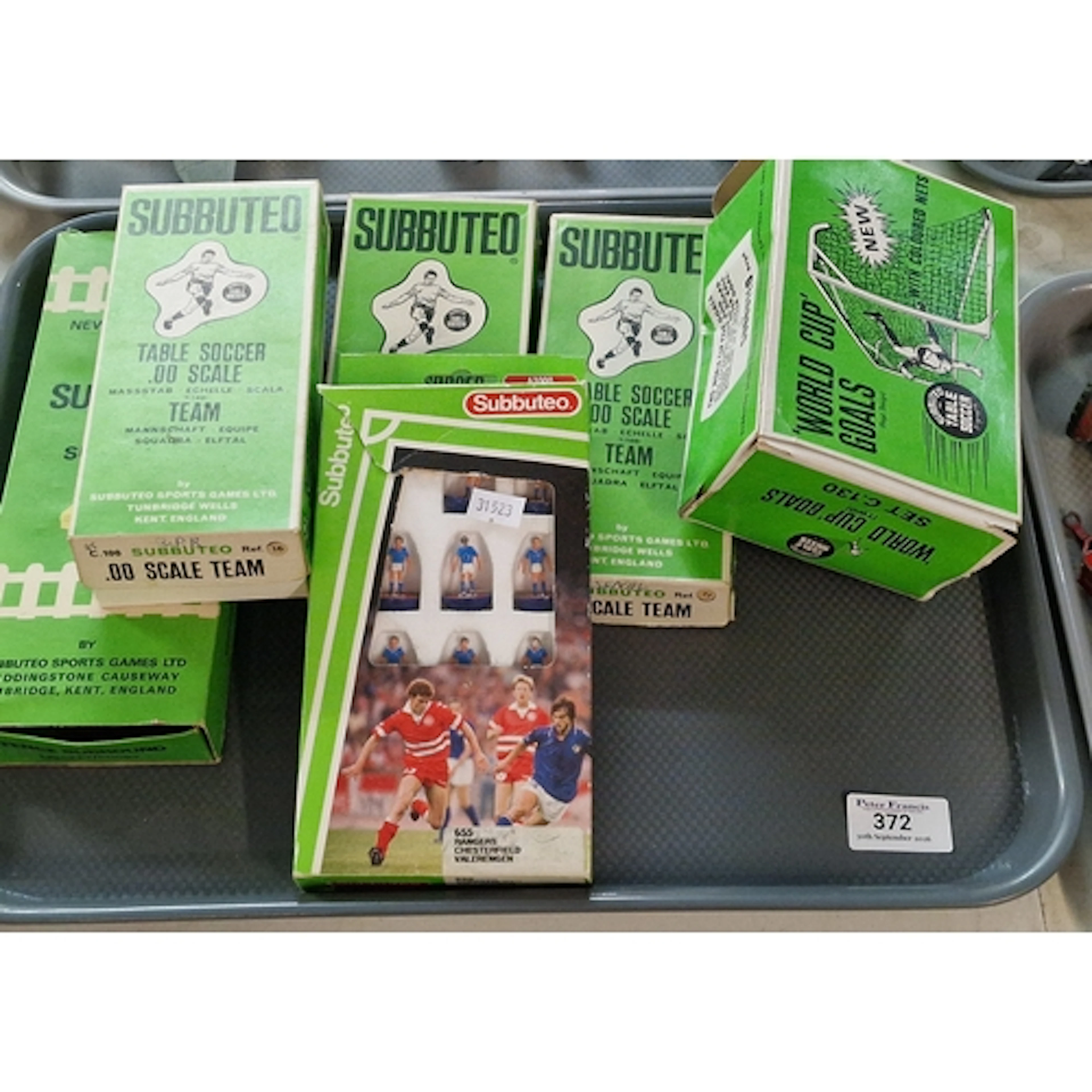 Tray of Subbuteo table soccer accessories, OO scale, to incl...