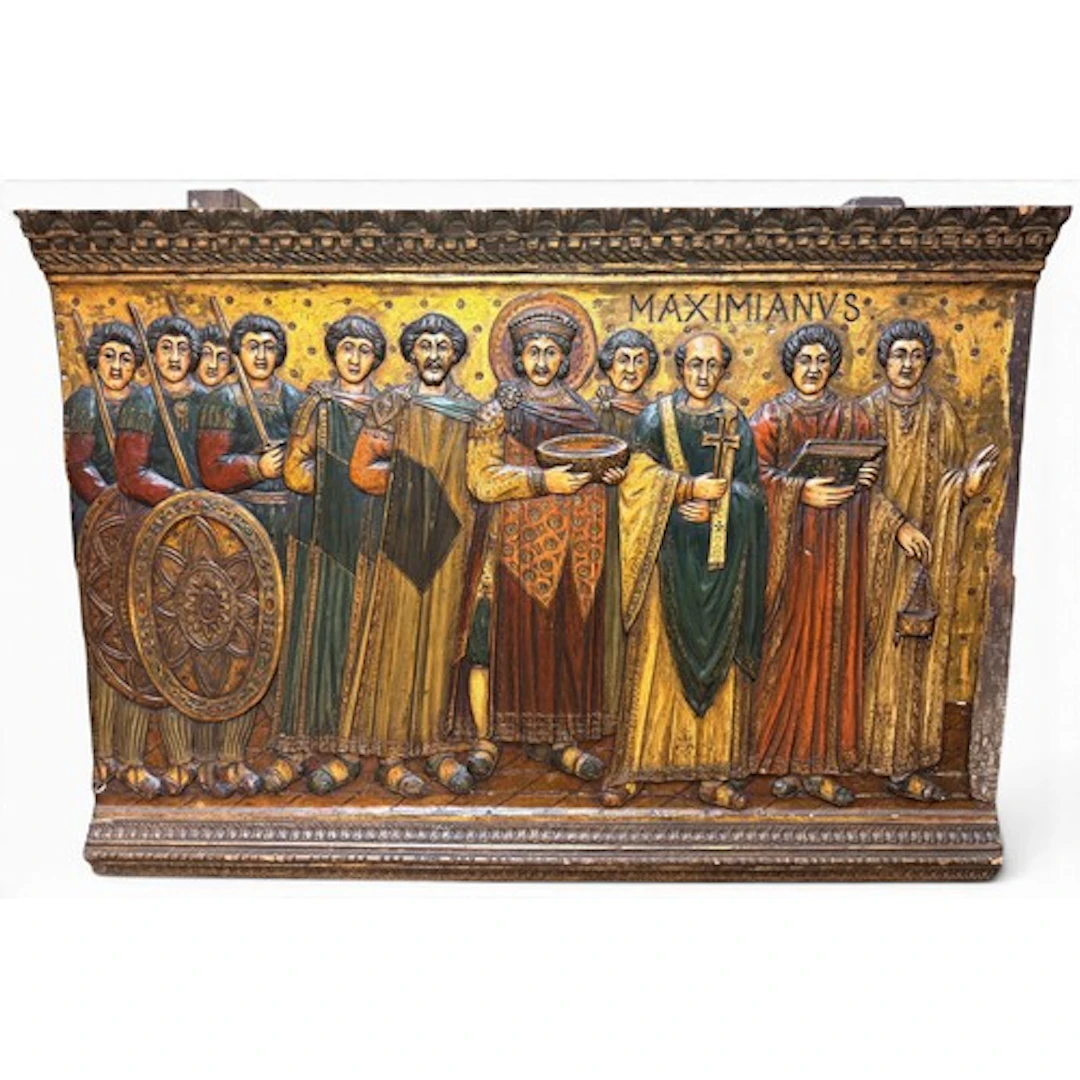 A large carved wood, gilt and painted gesso panel after the ...