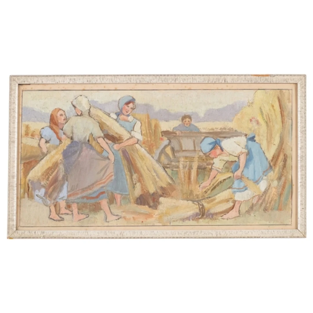 20th century Russian School, harvest scene, oil on board, un...