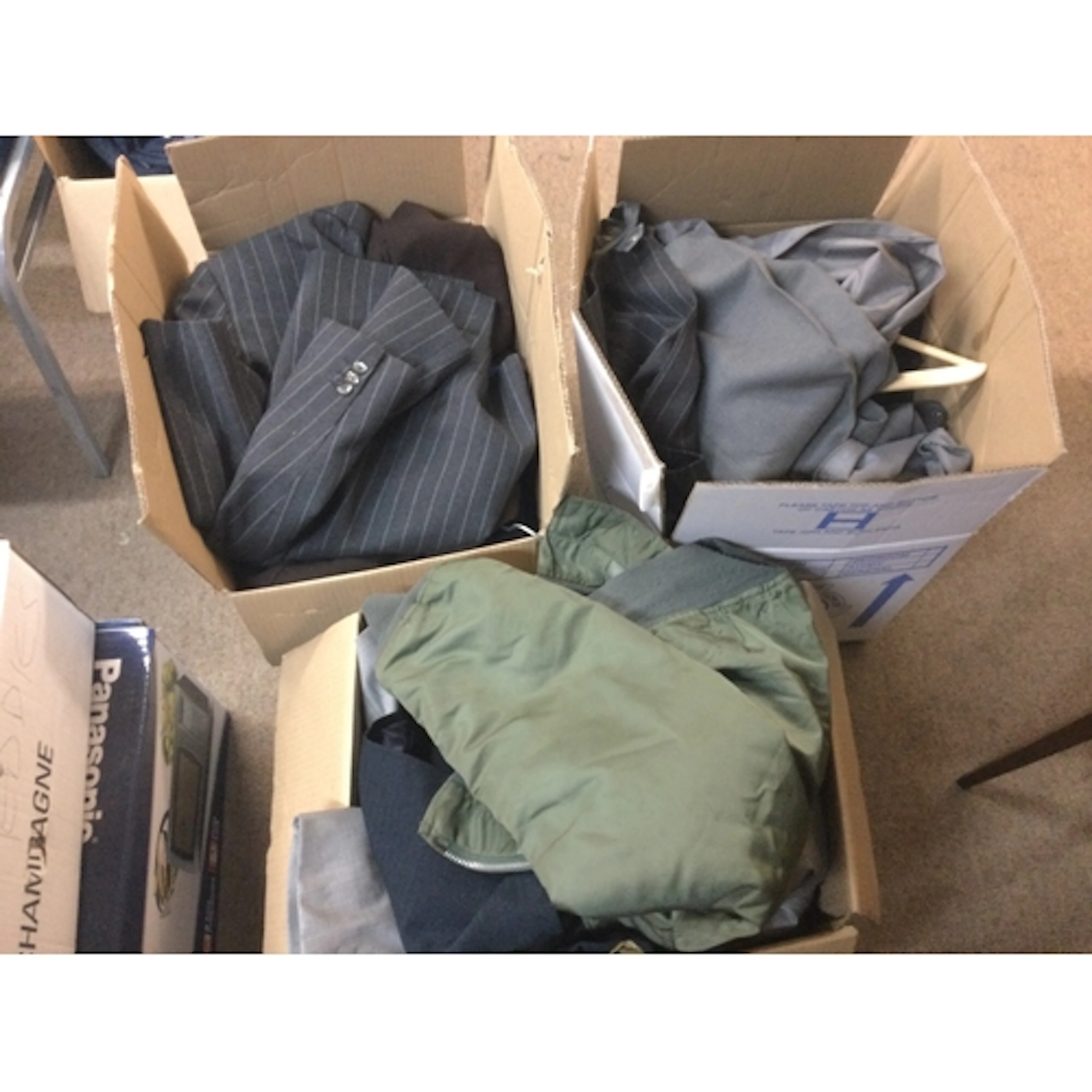 Three boxes of Vintage clothes including Suit jackets and tr...