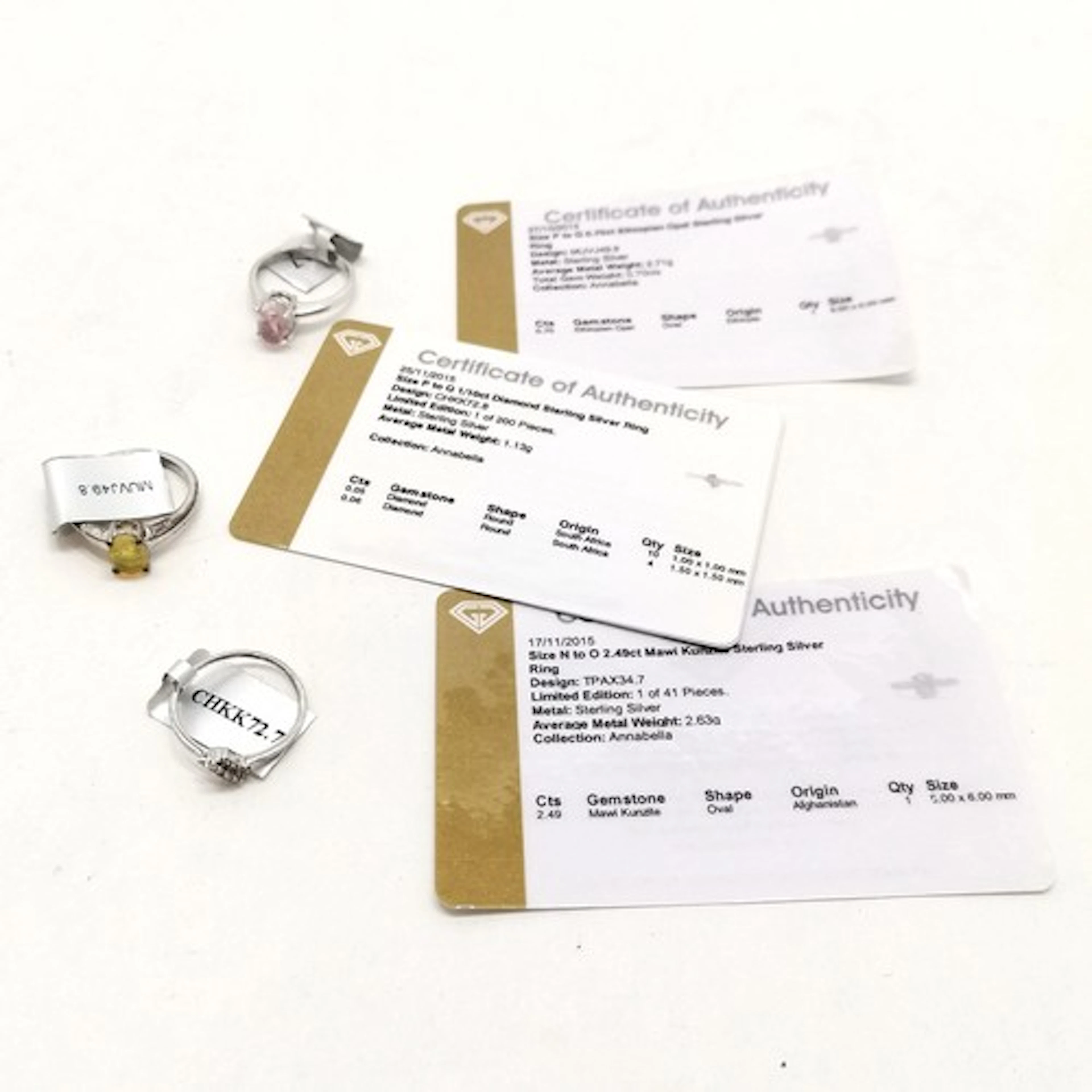 3 x silver gemstone set rings - Mawi kunzite, Ethiopian opal...