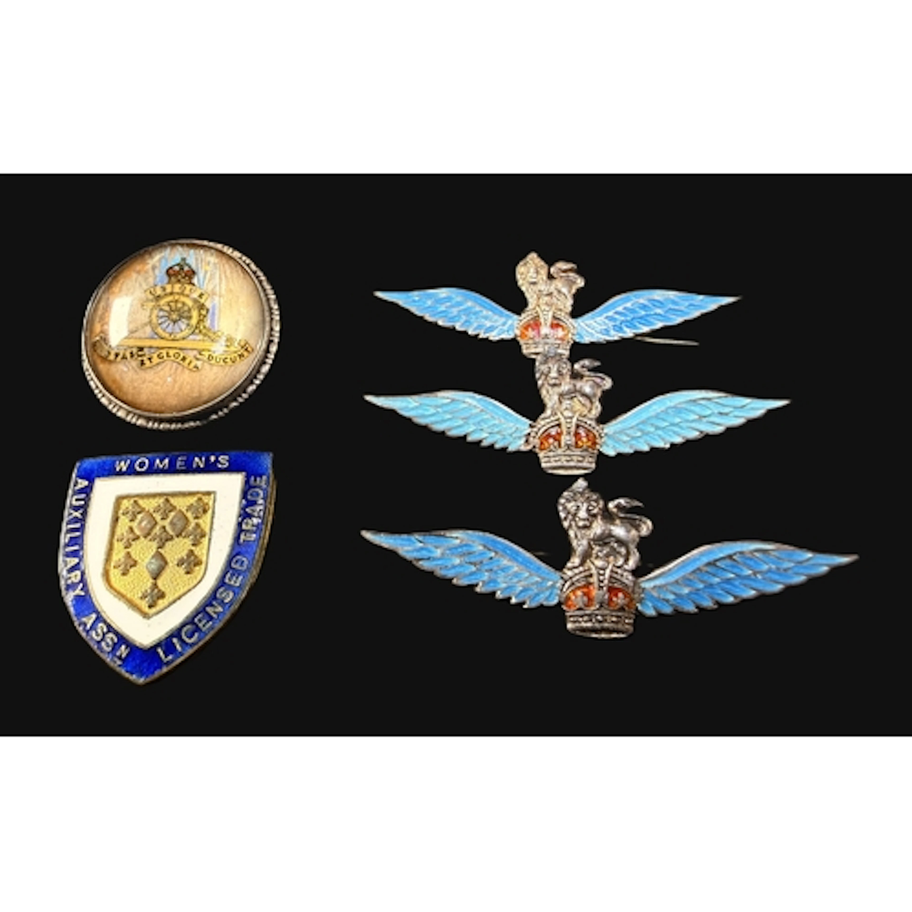 3 blue enamel Airforce "sweetheart" badges; a woman's auxili...