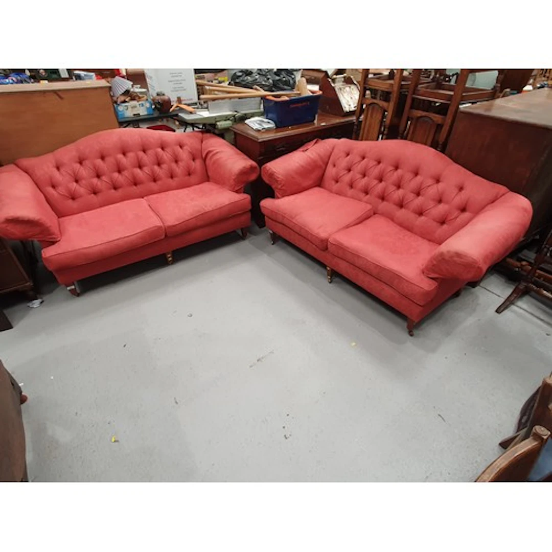 A pair of pink upholstered two seater Settees, (R3/R4).