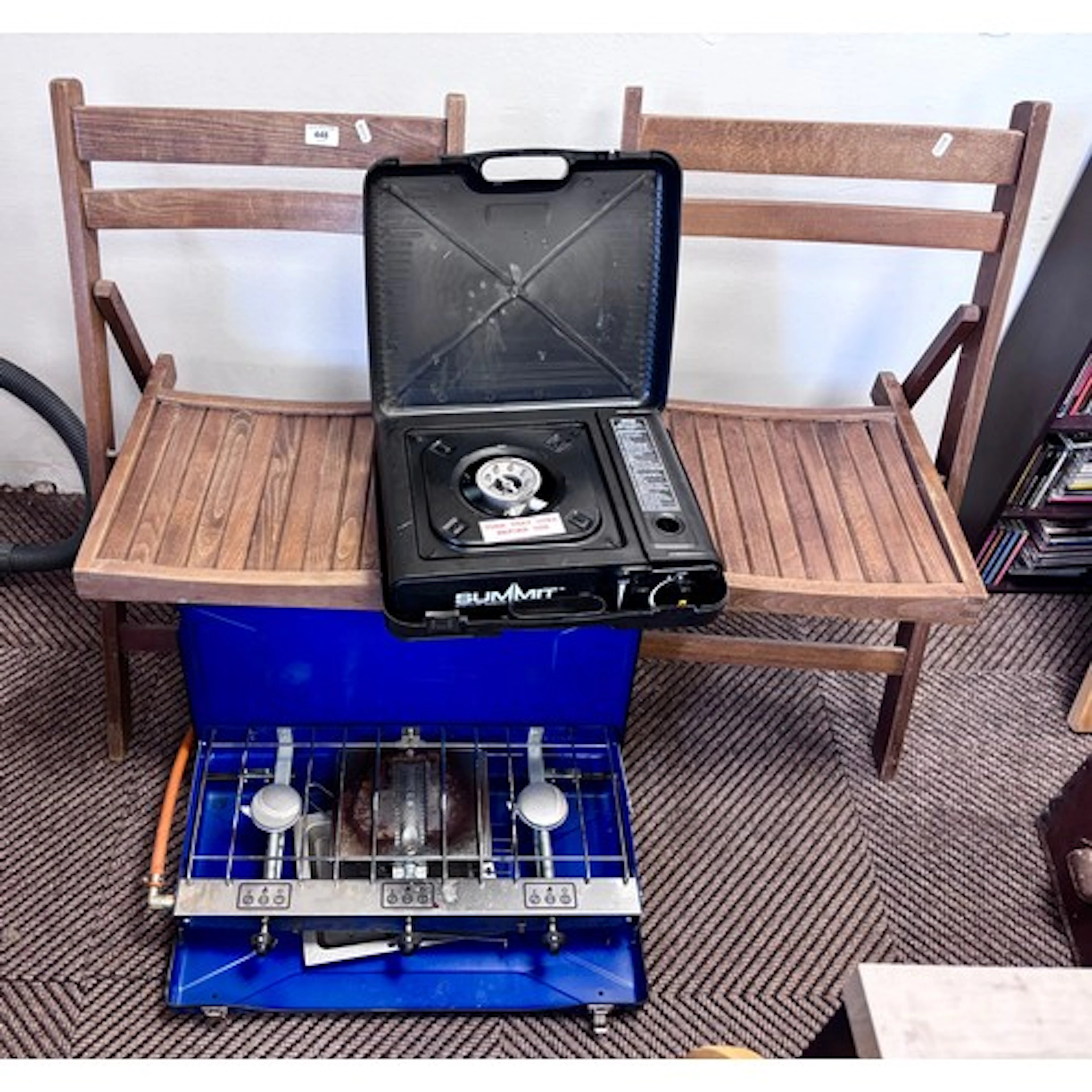 Pair of teak folding chairs, portable gas grill, etc.